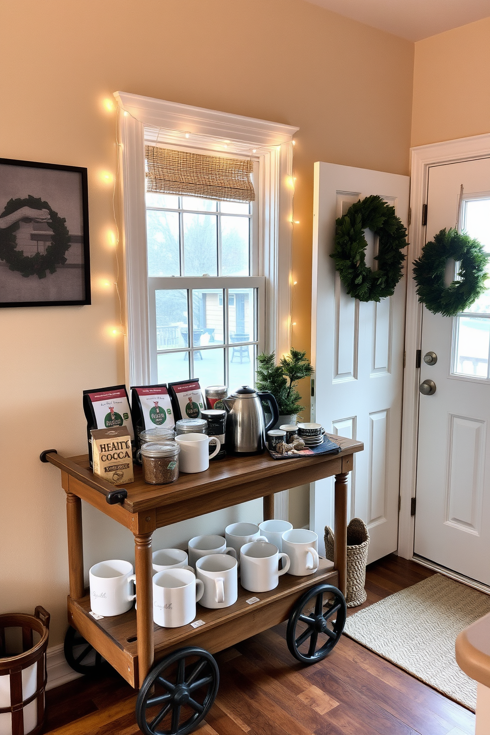 A cozy kitchen setting for winter with a hot cocoa station. The station features a rustic wooden cart adorned with mugs, a variety of hot cocoa mixes, and a small electric kettle. The walls are painted in a warm cream color, enhancing the inviting atmosphere. Soft fairy lights are draped around the window, and a festive wreath hangs on the door.