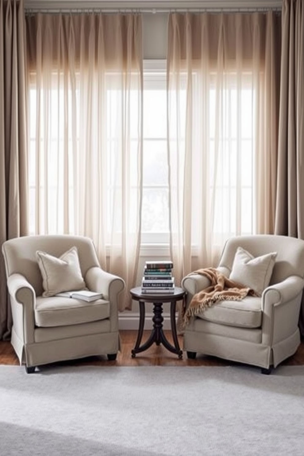 Create a cozy reading nook by the window. Soft, plush armchairs are positioned to face each other with a small wooden side table in between. A warm throw blanket is draped over one chair, and a stack of books is neatly arranged on the table. The window is adorned with sheer curtains that allow soft winter light to filter through, creating an inviting atmosphere.