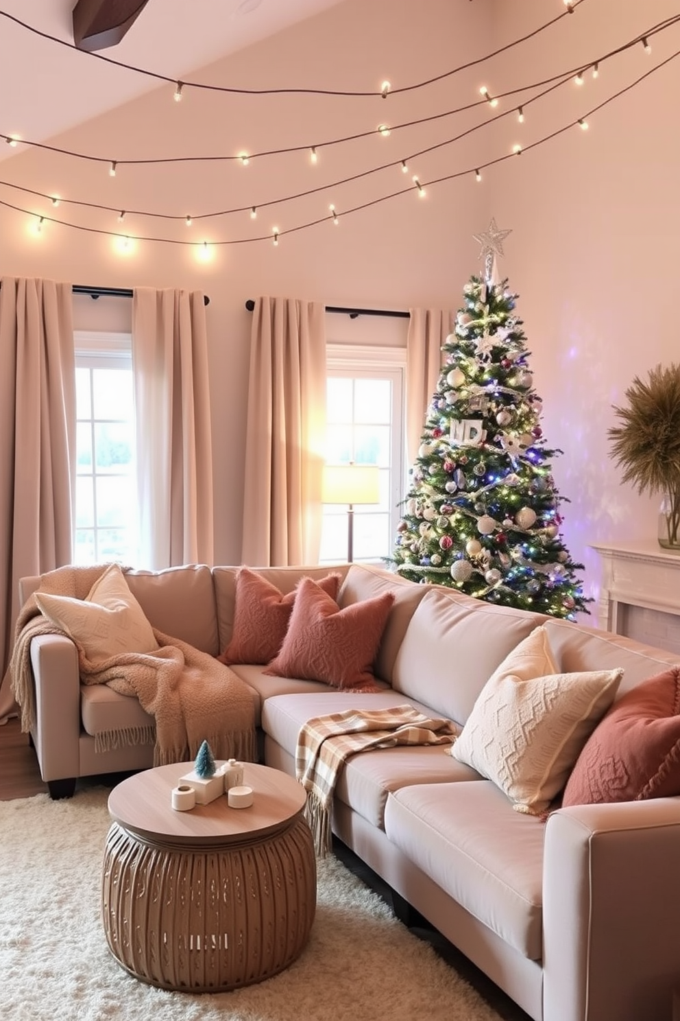 Create a cozy winter living room setting. The space features a plush sectional sofa adorned with soft throw blankets and decorative pillows in warm hues. In the corner, a beautifully decorated Christmas tree stands tall, twinkling with lights and ornaments. Hang string lights across the ceiling for a magical touch, adding warmth and charm to the atmosphere.