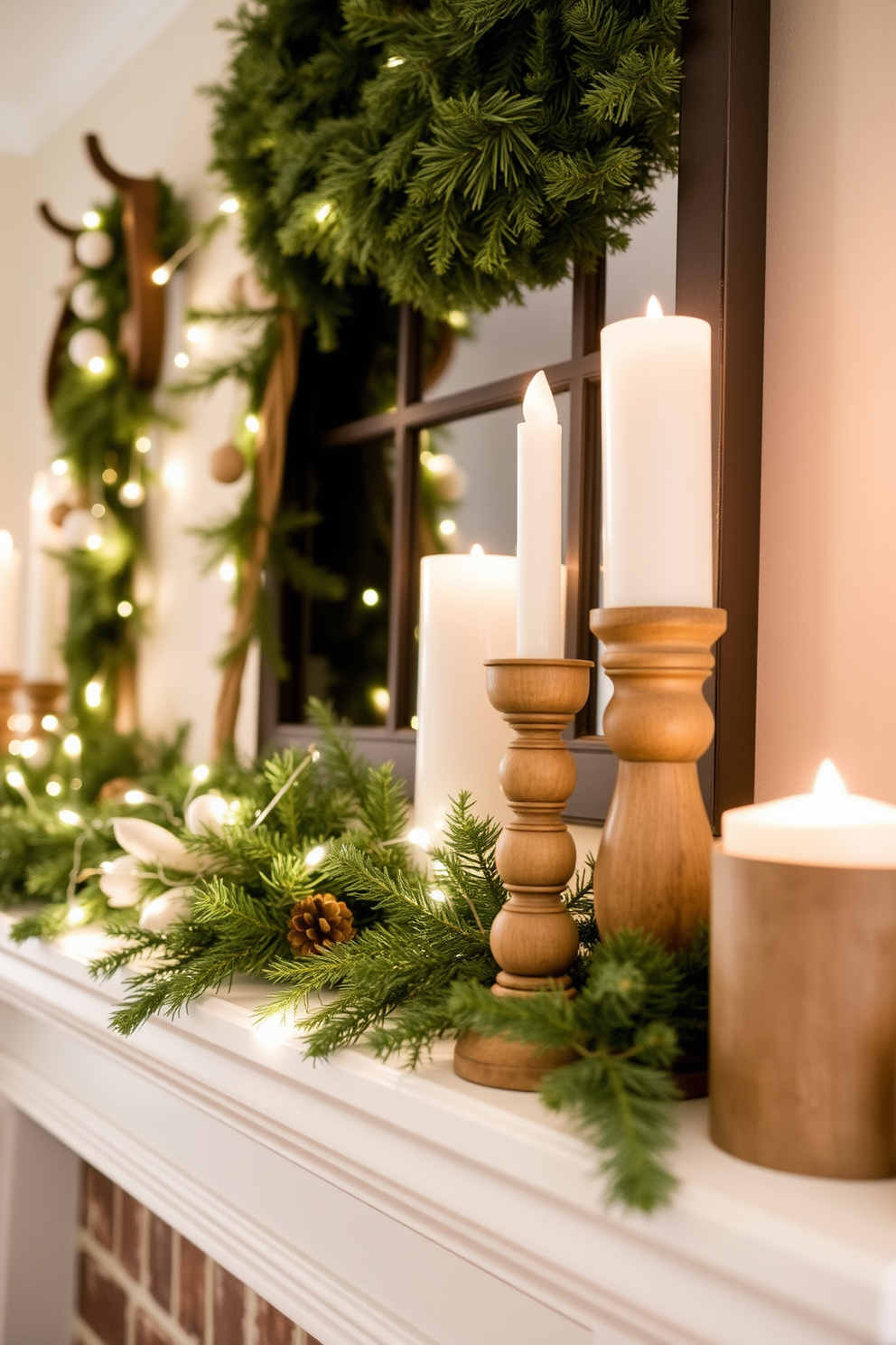 A cozy mantel adorned with seasonal winter accents. Soft white fairy lights twinkle among evergreen garlands, while rustic wooden candles in varying heights add warmth to the display.