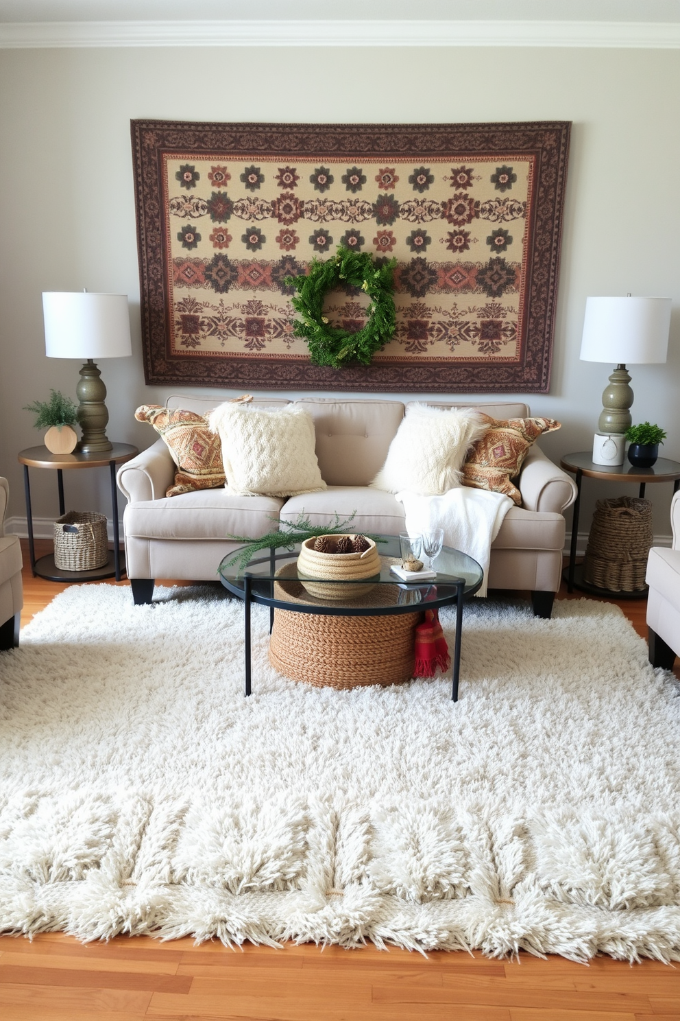 Layered rugs create a cozy and inviting atmosphere in a winter-themed living room. A soft, plush area rug sits beneath a larger, patterned rug that adds visual interest and warmth to the space. Decorate the room with seasonal accents like throw pillows in rich textures and a warm color palette. Incorporate natural elements such as pinecones and evergreen branches to enhance the winter decor.