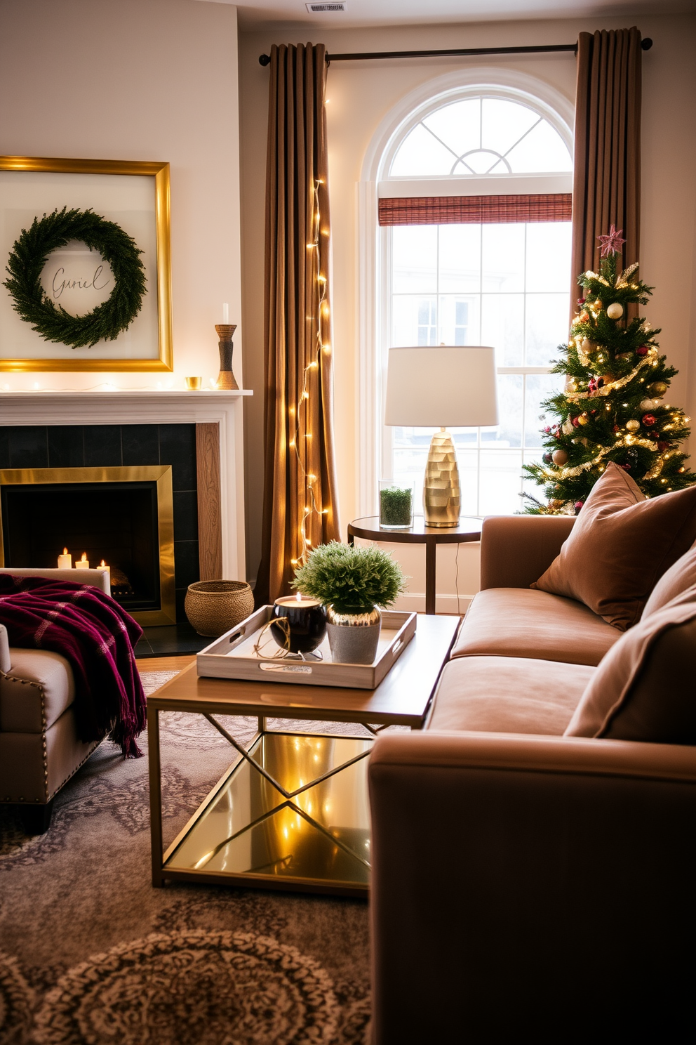 A cozy living room adorned with warm metallic accents. The fireplace is framed with brushed brass, and the coffee table features a gold finish that complements the plush velvet sofa. Soft white lights twinkle around the windows, creating a festive atmosphere. A rich burgundy throw blanket is draped over the armchair, adding warmth to the space.