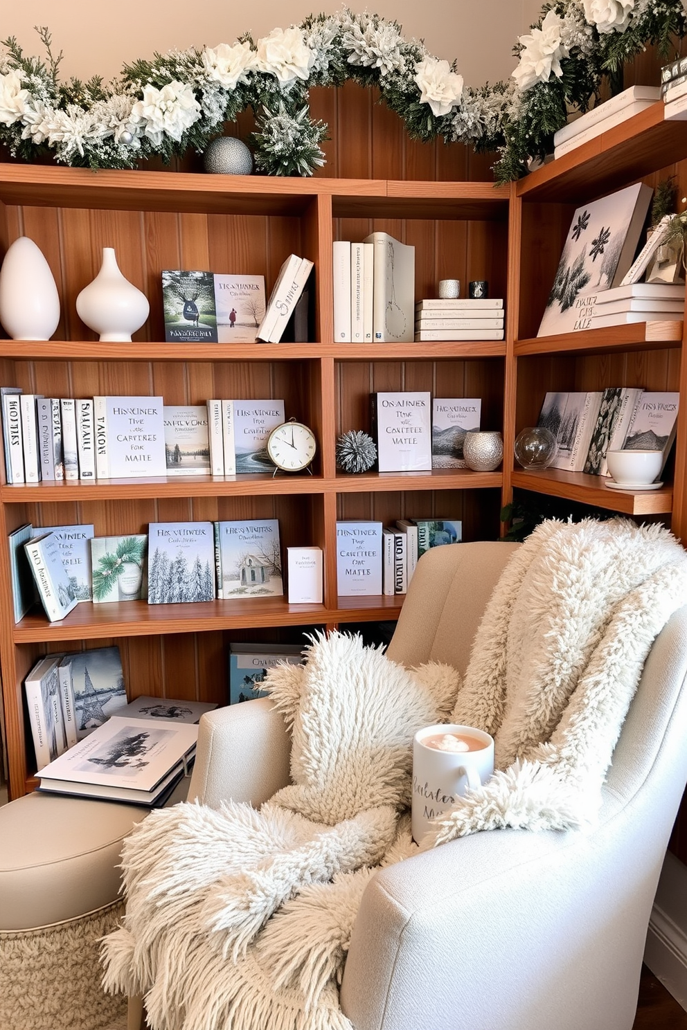 A cozy reading nook adorned with winter-themed books displayed on wooden shelves. The shelves are styled with white and silver accents, creating a serene winter atmosphere. Soft, fluffy throws are draped over a plush armchair, inviting you to curl up with a good book. A small side table holds a steaming mug of hot cocoa, adding to the warm and inviting winter decor.