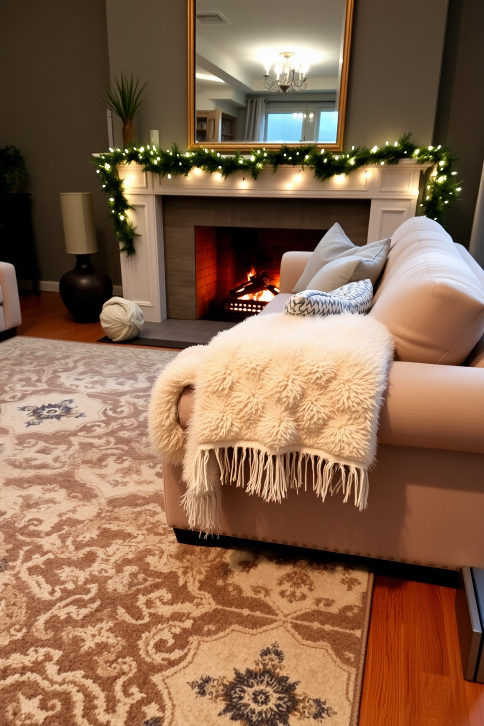 A cozy living room adorned with a large area rug that adds warmth to the space. The rug features a rich, textured pattern in shades of cream and deep blue, anchoring the seating arrangement. Soft, plush throw blankets are draped over the arm of a luxurious sofa, inviting relaxation. Twinkling fairy lights are strung along the mantel, creating a warm and festive atmosphere.