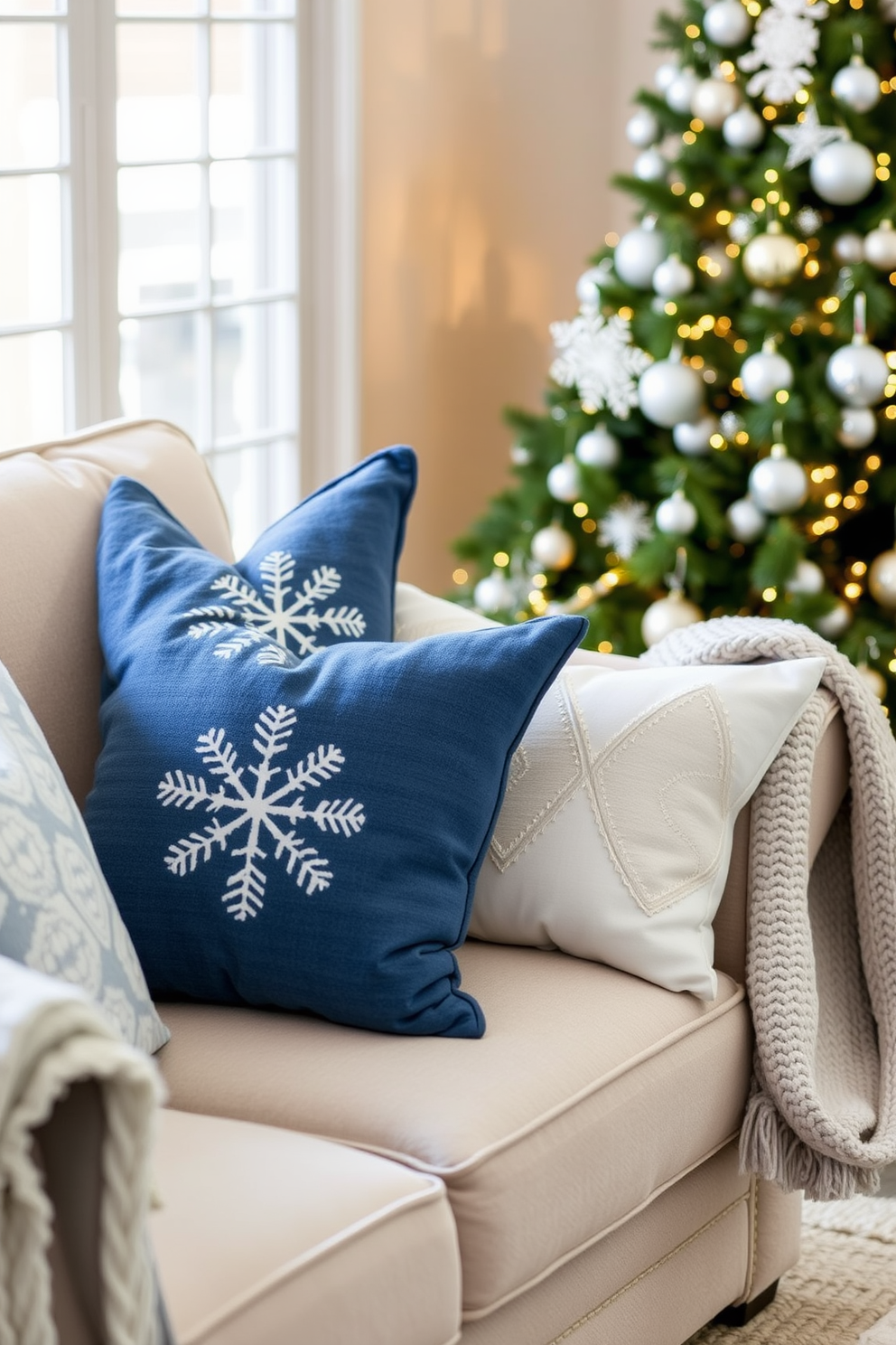 Create a cozy living room scene featuring a plush sofa adorned with winter-themed throw pillows in shades of blue and white. The pillows showcase snowflake patterns and soft textures, adding warmth and seasonal charm to the space. In the background, a beautifully decorated Christmas tree glimmers with twinkling lights and silver ornaments. A knitted throw blanket drapes over the arm of the sofa, inviting relaxation during the chilly winter months.