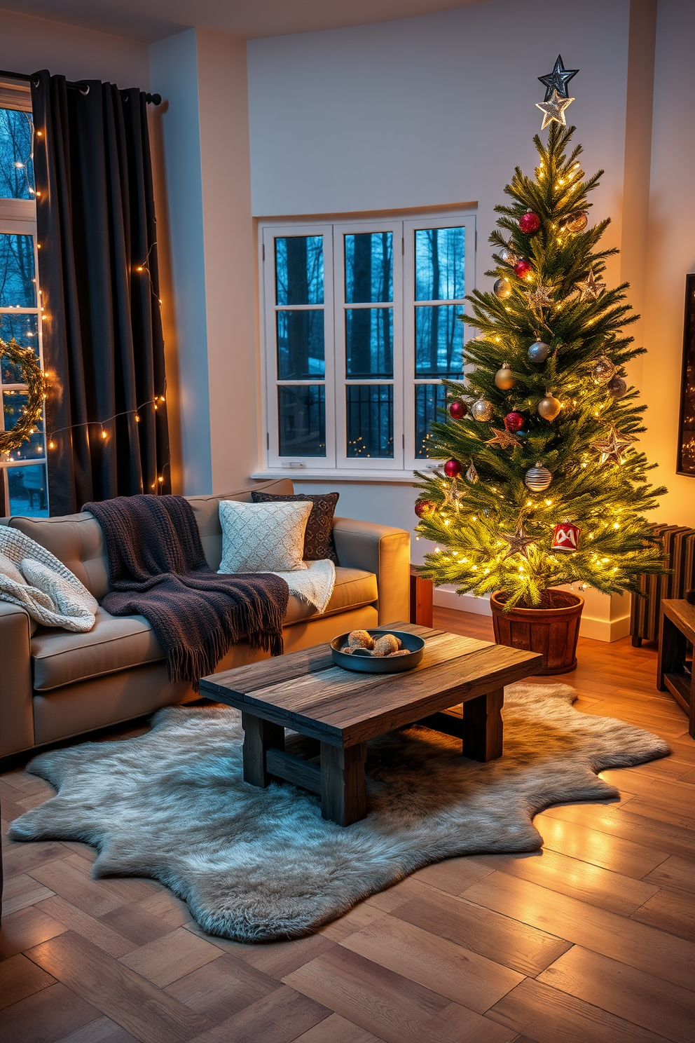 A cozy living room adorned for winter. A plush sectional sofa is draped with knitted throws, and a faux fur rug lies beneath a rustic wooden coffee table. Twinkling fairy lights are strung along the windows, casting a warm glow. A large potted evergreen tree stands in the corner, decorated with delicate ornaments and a star on top.