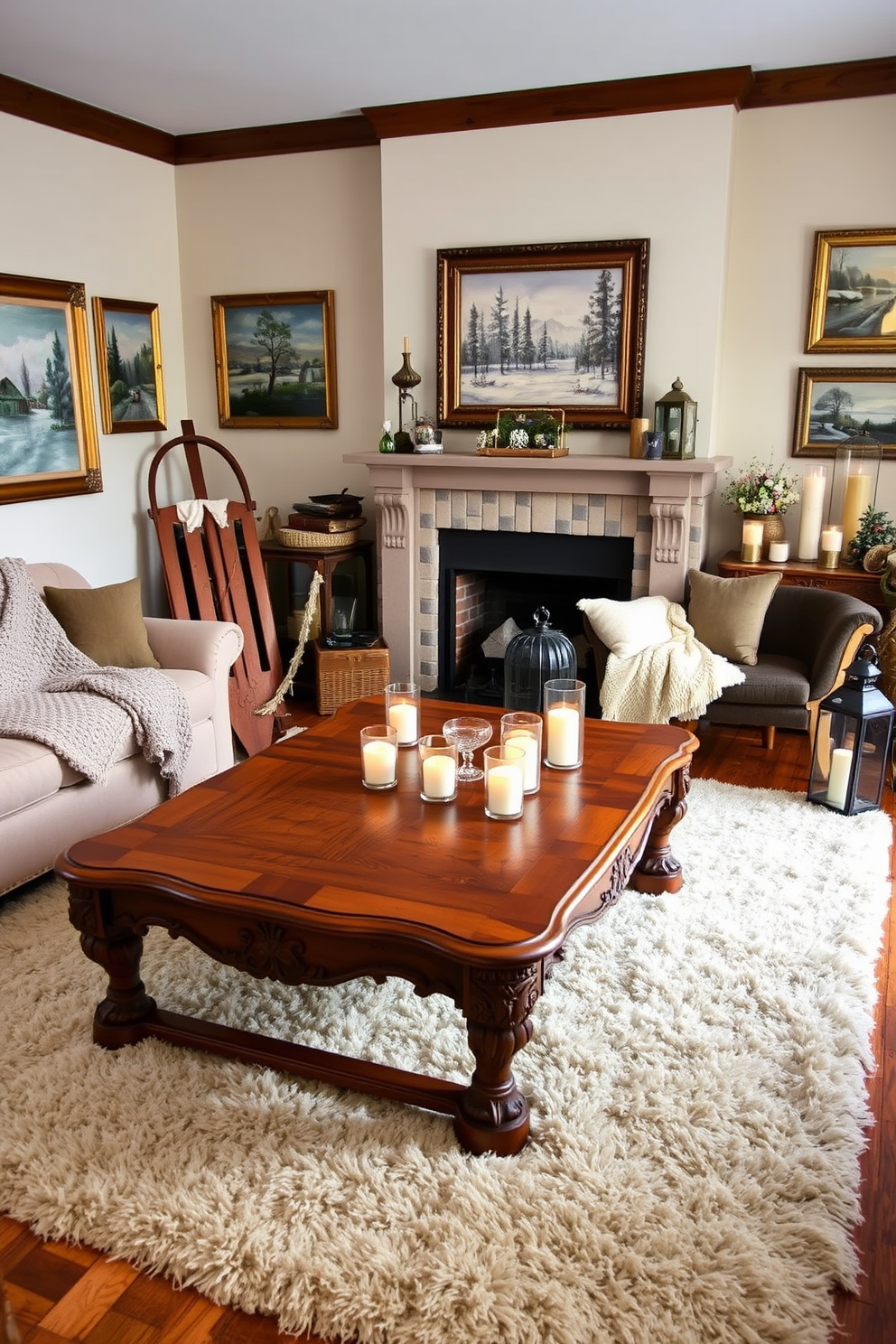 A cozy living room adorned with vintage winter decor pieces. A large, ornate wooden coffee table is centered on a plush, cream-colored rug, surrounded by a sectional sofa draped with a knitted throw blanket. On the walls, framed vintage winter landscape paintings create a warm ambiance. An antique wooden sled leans against the fireplace, while a collection of glass lanterns with flickering candles adds a soft glow to the space.