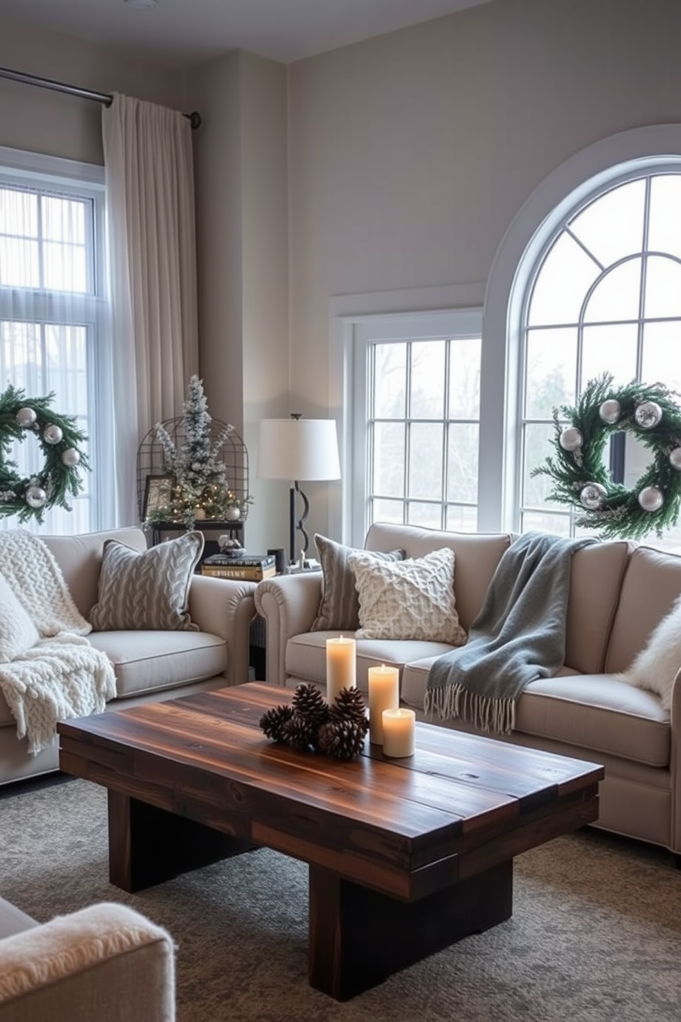 Create a cozy living room adorned with winter-themed decorations. Include a large window with sheer curtains that allow natural light to flood the space, reflecting off a stylish round mirror on the opposite wall. Incorporate a plush, oversized sofa draped with soft, textured throws in shades of white and gray. Add a rustic coffee table made of reclaimed wood, topped with a centerpiece of pinecones and candles for a warm, inviting atmosphere.