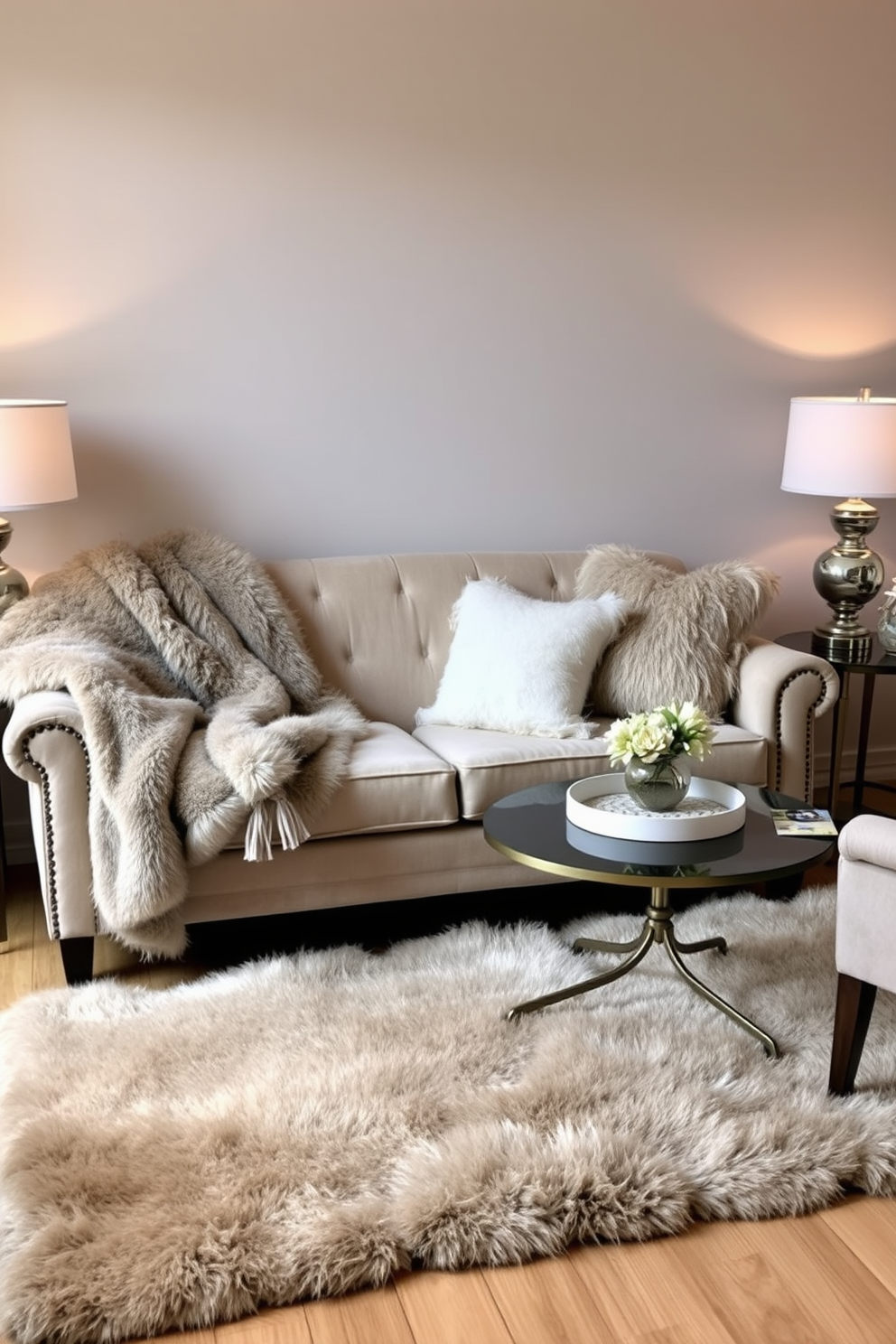 A cozy living room adorned with faux fur accents to create a warm winter ambiance. The plush faux fur throw blankets drape over the soft velvet sofa, while faux fur pillows add texture and comfort. A stylish area rug with a faux fur finish anchors the seating arrangement, providing a luxurious touch underfoot. Soft, ambient lighting from elegant lamps complements the winter decor, casting a gentle glow across the room.