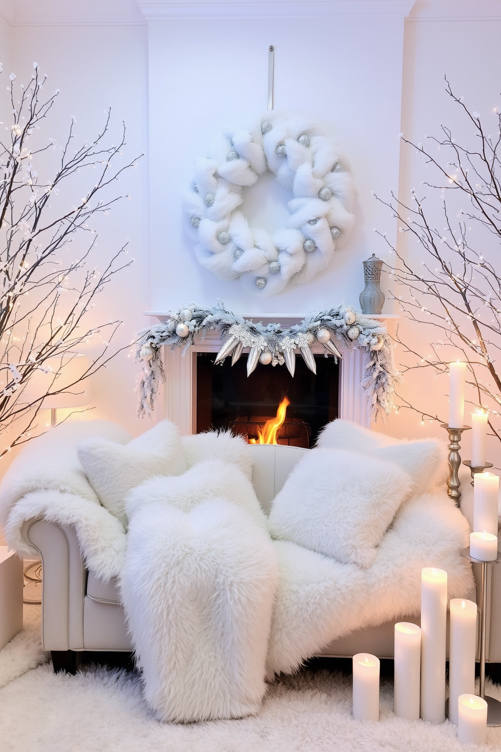 Create a winter wonderland with white decor. The space is filled with soft white textures, including fluffy blankets and plush pillows on a cozy sofa. Frosted branches and twinkling fairy lights adorn the walls, creating a serene atmosphere. A large white wreath with silver accents hangs above the fireplace, complemented by candles in varying heights scattered throughout the room.