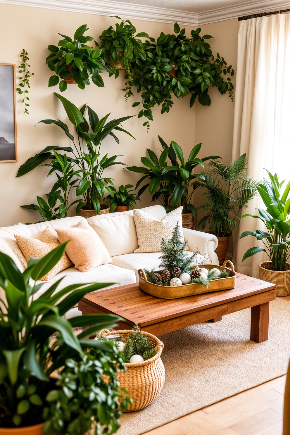 A cozy living room adorned with natural greenery. Lush potted plants are strategically placed around the space, adding vibrancy and life to the decor. The room features a warm color palette with soft beige walls and a plush cream sofa. A rustic wooden coffee table sits in the center, surrounded by woven baskets filled with seasonal winter decorations.