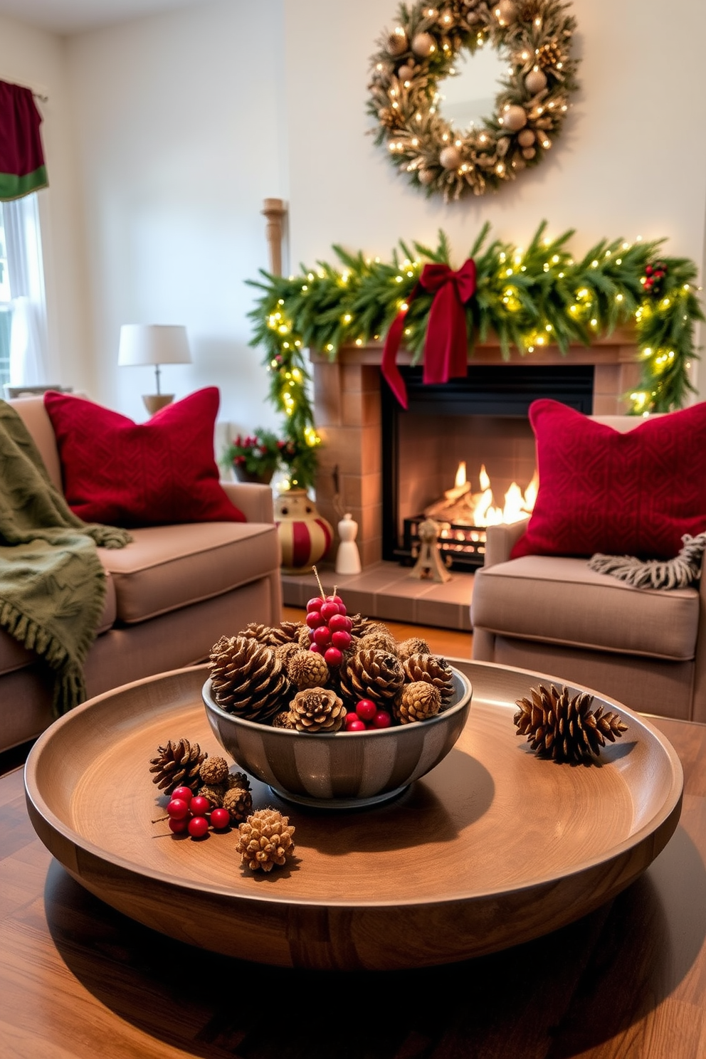 A cozy living room adorned with winter decorations. Pinecones and berries are artfully arranged in a decorative bowl on the coffee table. The fireplace is beautifully decorated with garlands of evergreen and twinkling fairy lights. Plush throws and pillows in rich red and green hues add warmth to the space.