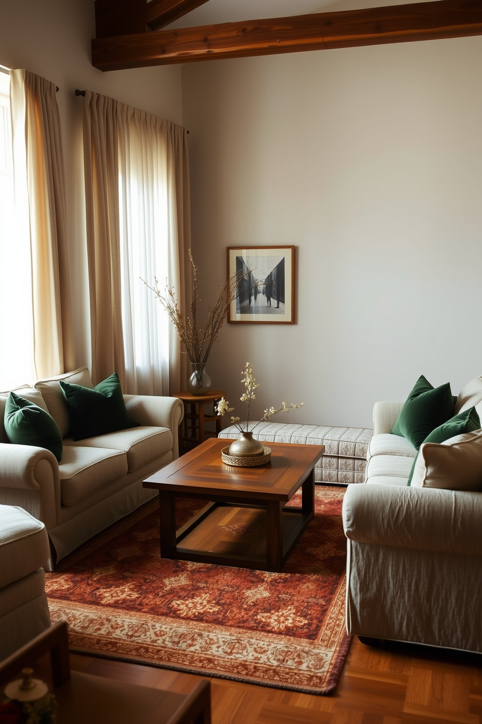 A serene living room adorned in earthy tones creates a calming atmosphere. Plush beige sofas are complemented by deep green accent pillows, while a wooden coffee table sits at the center. Natural light filters through sheer curtains, illuminating the space. A cozy area rug in warm browns anchors the seating area, enhancing the inviting feel of the room.