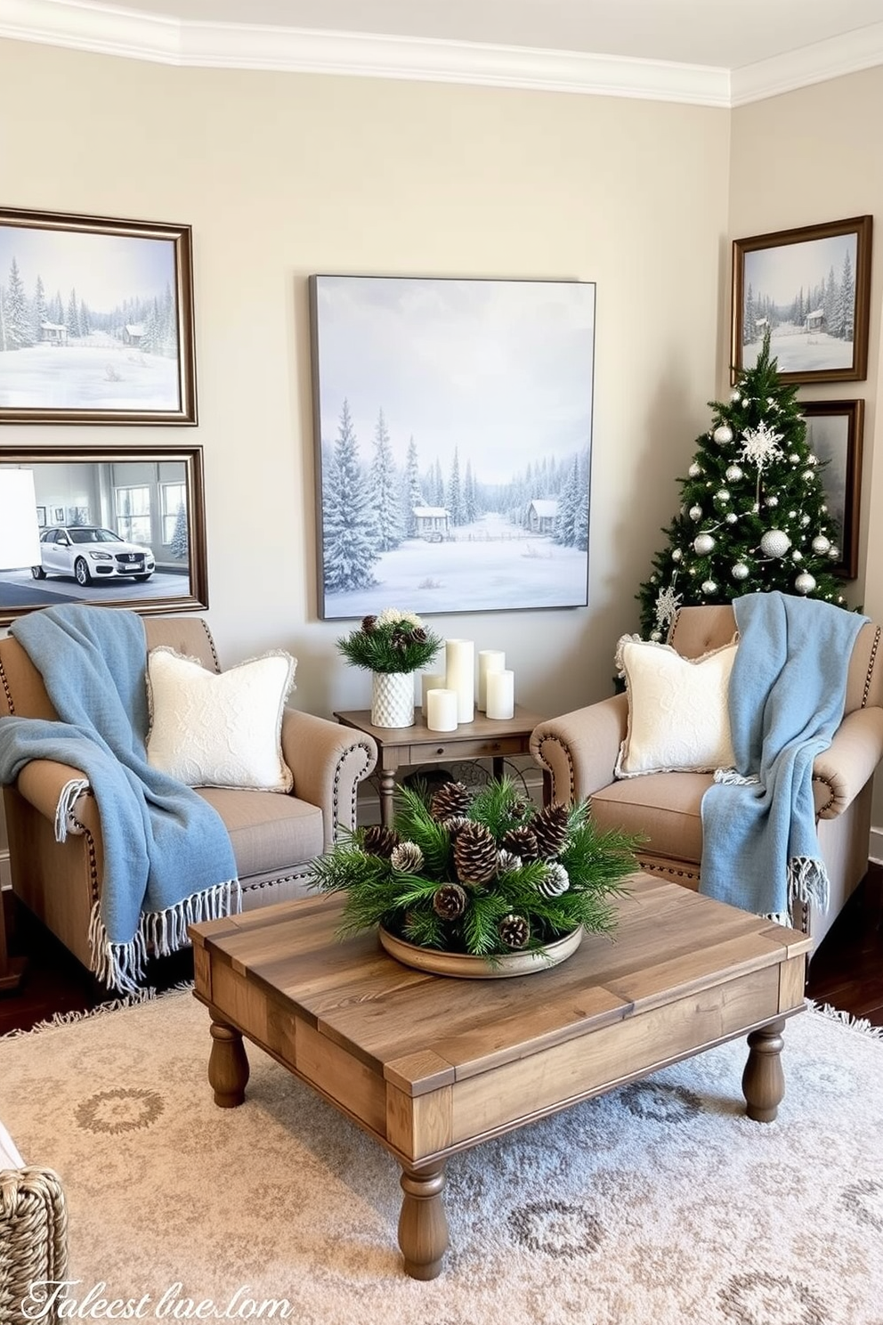 A cozy living room adorned with seasonal artwork featuring winter themes. The walls are decorated with framed paintings of snowy landscapes and festive holiday scenes, creating a warm and inviting atmosphere. Plush throw blankets in shades of icy blue and white are draped over the armchairs. A large coffee table is topped with a centerpiece of pinecones and evergreen branches, enhancing the winter decor.