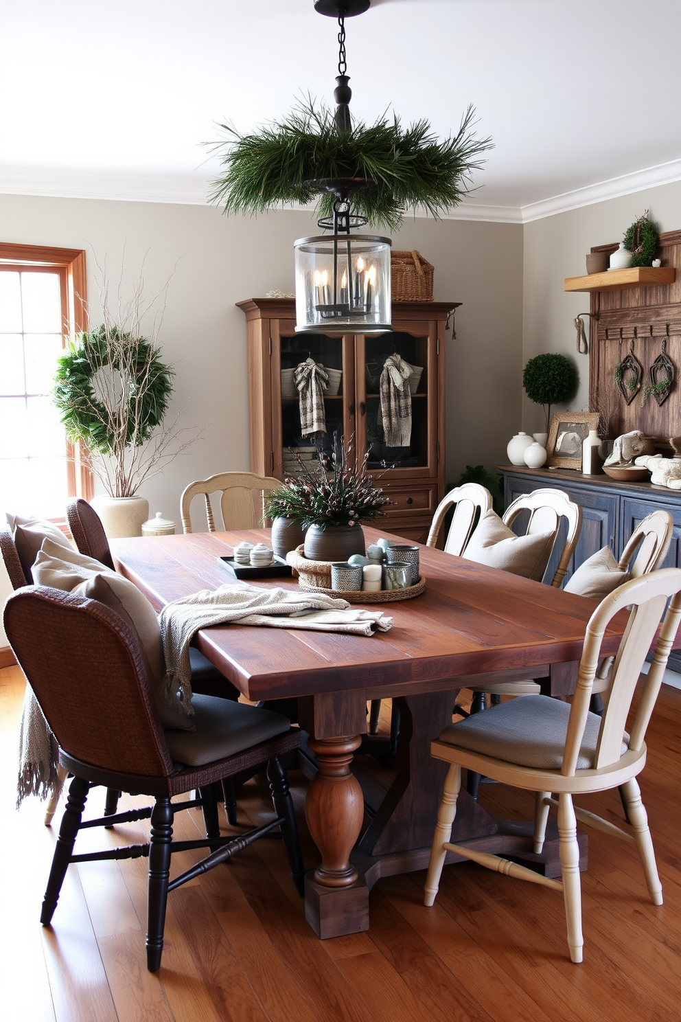 A warm and inviting winter dining room features a rustic wooden table adorned with cozy textiles. Surrounding the table are mismatched chairs, each with soft cushions in earthy tones, creating a relaxed and welcoming atmosphere.