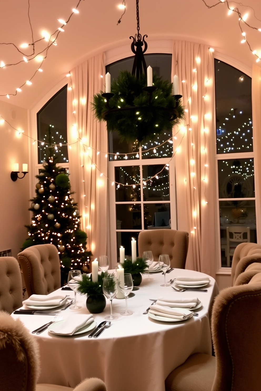 A cozy winter dining room adorned with soft lighting created by string fairy lights draped across the ceiling. The table is set with elegant dinnerware, surrounded by plush chairs and a warm, inviting atmosphere.