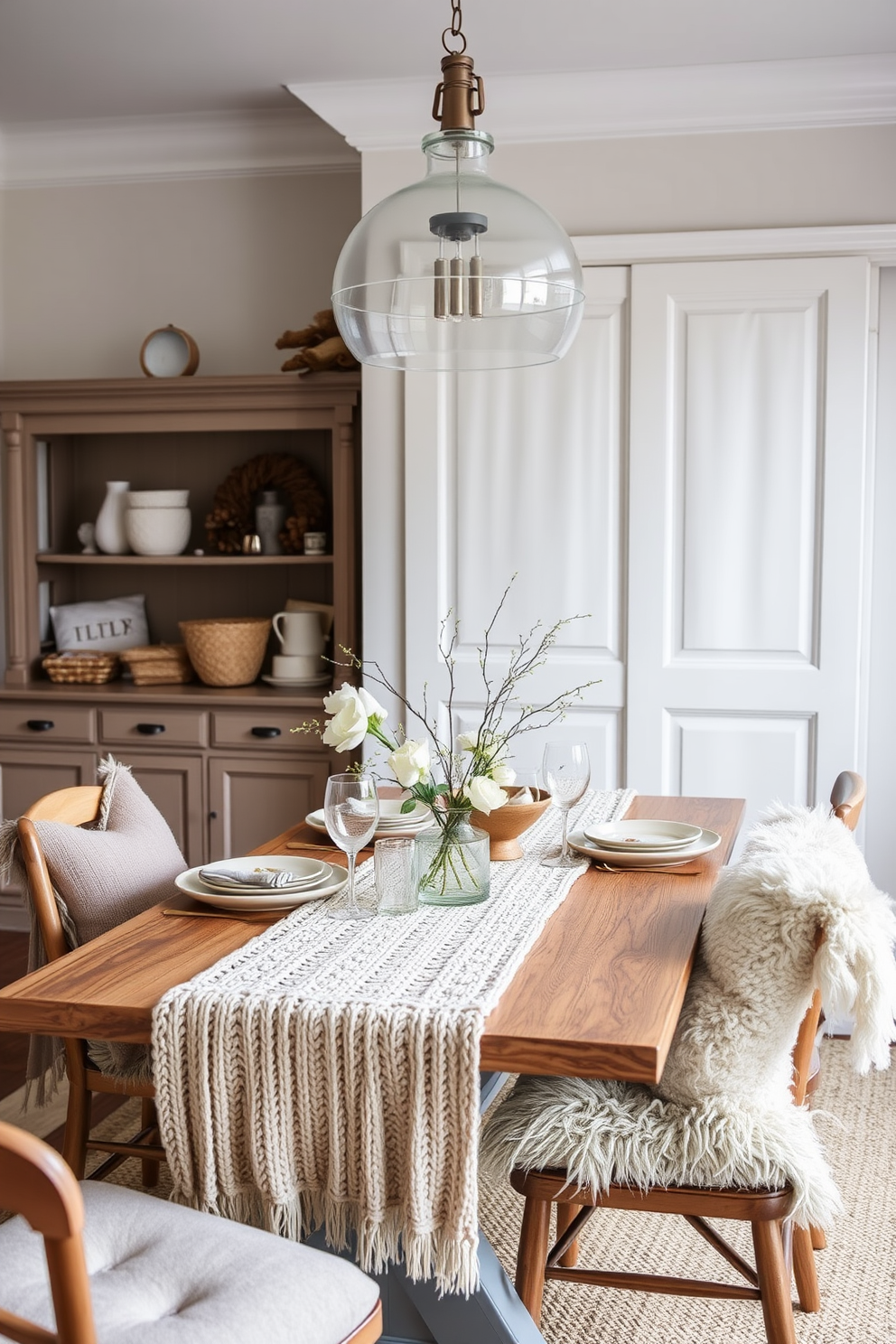 A cozy winter dining room featuring layered textures of soft linen and warm wool. The table is set with a chunky knit table runner and plush cushions on the chairs, creating an inviting atmosphere.