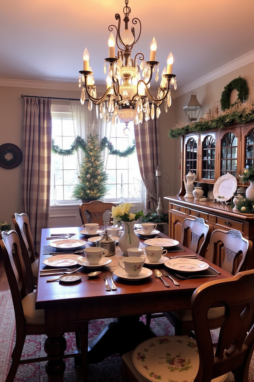 A cozy winter dining room adorned with vintage dishware that evokes nostalgia. The table is set with delicate floral-patterned plates, mismatched teacups, and antique silverware, creating a warm and inviting atmosphere. Soft, ambient lighting from a crystal chandelier casts a gentle glow over the scene. A rustic wooden sideboard displays additional vintage pieces and seasonal decorations, enhancing the room's charm.