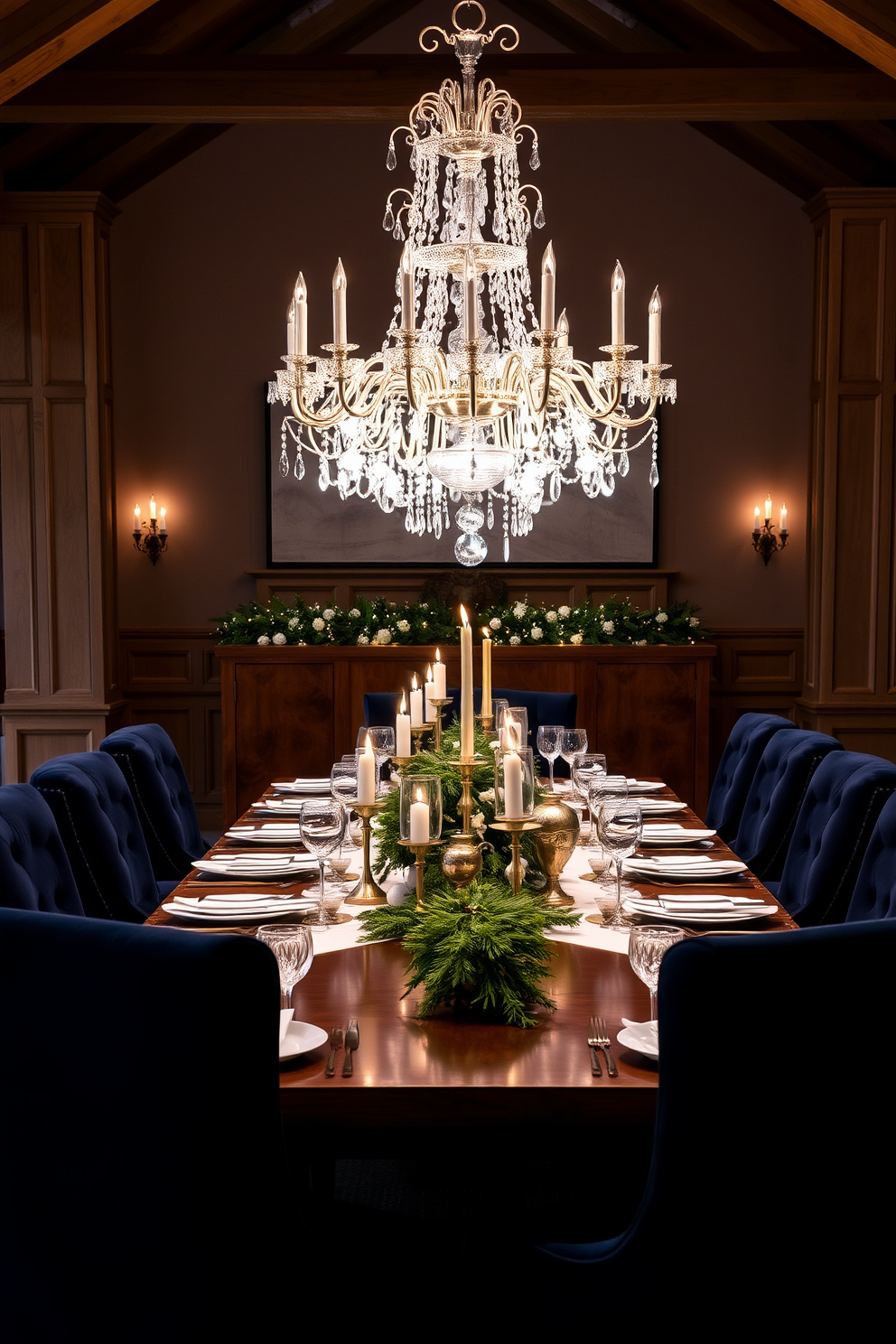 A winter dining room setting featuring a large wooden table set for a festive meal. The table is adorned with a white tablecloth and gold accents, including sparkling candle holders and elegant place settings. Surrounding the table are plush upholstered chairs in a deep navy blue, adding a touch of luxury. A stunning chandelier with silver accents hangs above, casting a warm glow over the scene.