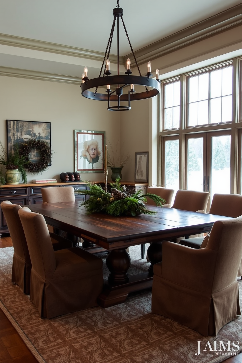 A cozy winter dining room features a large wooden table surrounded by plush upholstered chairs in earthy tones. The walls are adorned with soft green accents, and a rustic chandelier hangs above the table, casting a warm glow. A centerpiece of natural elements, such as pinecones and evergreen branches, adds a seasonal touch to the table. Large windows allow natural light to flood the space, showcasing a view of a snowy landscape outside.