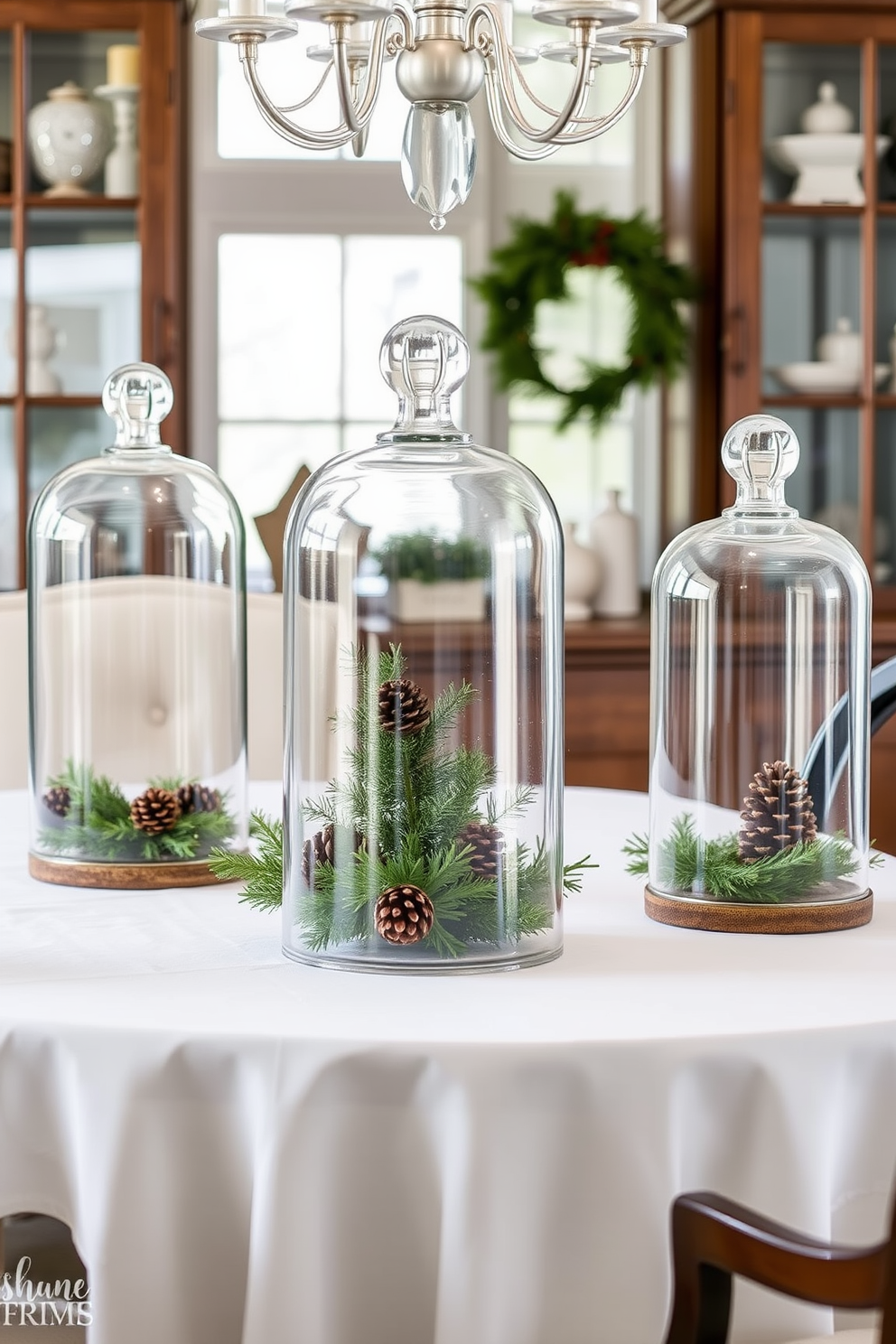 A cozy winter dining room featuring elegant glass cloches filled with seasonal decor. The table is set with a white tablecloth and adorned with evergreen branches and pinecones under the cloches.