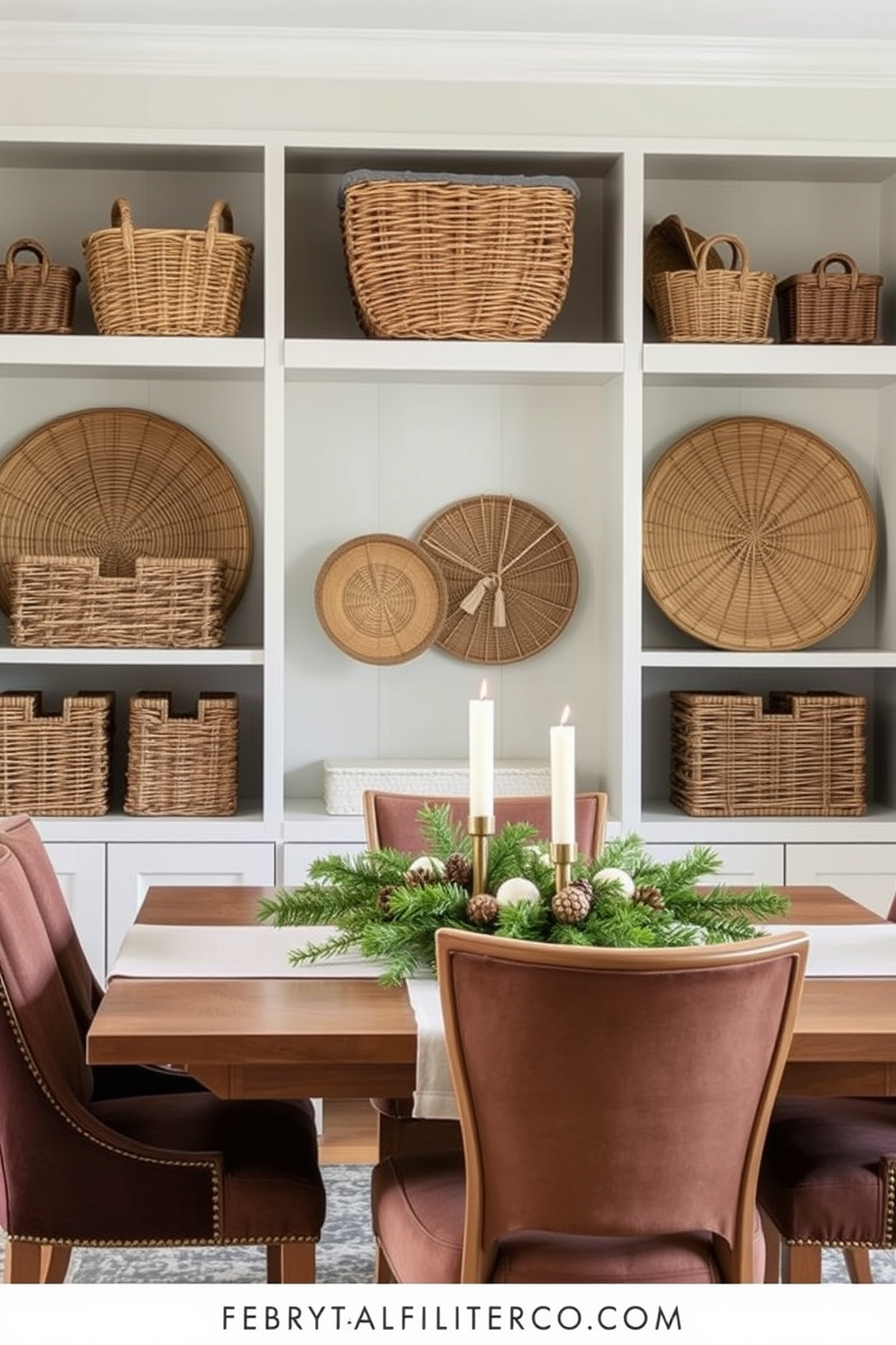 Woven baskets are artfully arranged on open shelving, providing both practical storage and a touch of warmth to the space. The natural textures of the baskets complement the soft, muted color palette of the winter dining room, creating a cozy atmosphere. The dining table is adorned with a seasonal centerpiece featuring evergreen branches, candles, and pinecones. Surrounding the table, upholstered chairs in rich, deep hues invite guests to gather and enjoy festive meals together.