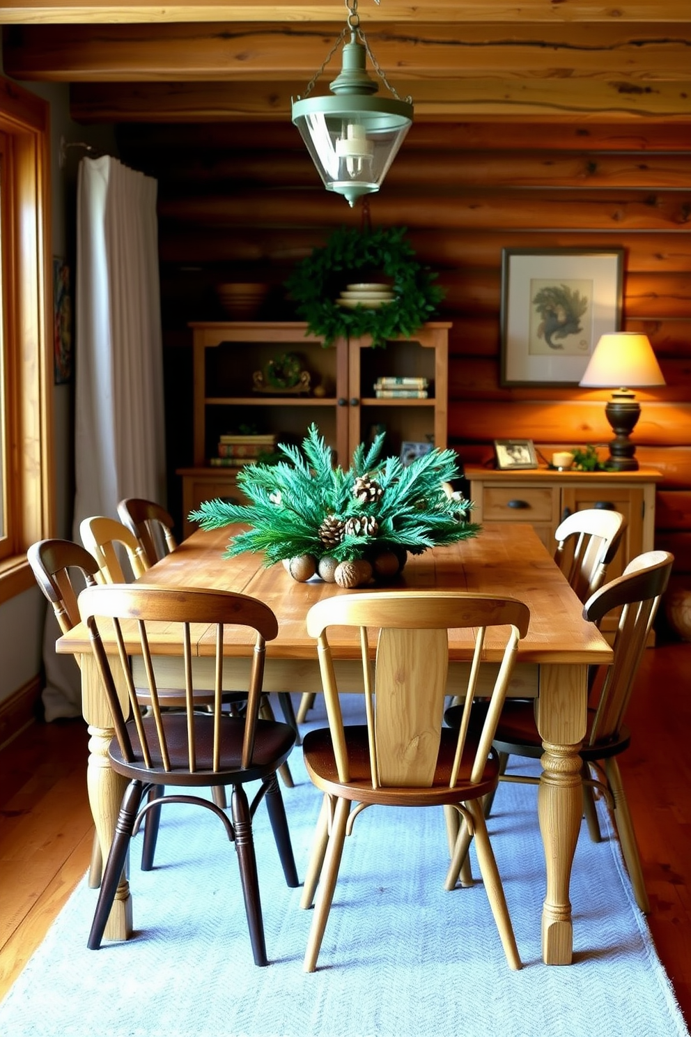 A cozy winter dining room featuring warm wood accents that create a rustic charm. A large wooden table is surrounded by mismatched chairs, each with a unique design, and a centerpiece of evergreen branches and pinecones adds a seasonal touch.