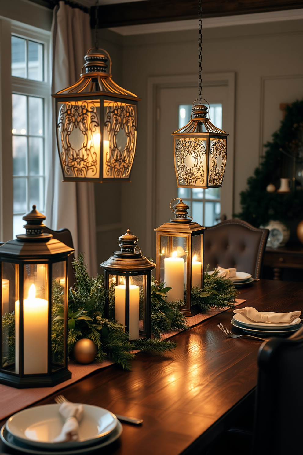 A winter dining room decorated with elegant decorative lanterns casting a warm inviting glow. The table is set with a rich dark wood finish, adorned with seasonal greenery and candles for a cozy atmosphere.