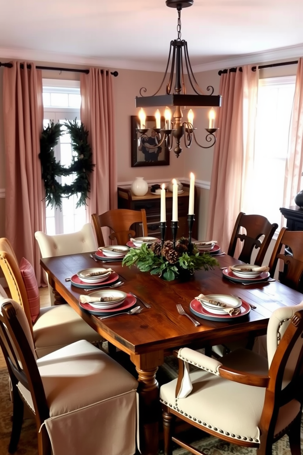 A cozy winter dining room features a rustic wooden table set for a festive gathering. Surrounding the table are a mix of upholstered and wooden dining chairs in warm tones, creating an inviting and eclectic atmosphere. Soft, ambient lighting is provided by a stylish chandelier hanging above the table. The windows are adorned with sheer curtains that allow natural light to filter in, while a centerpiece of pinecones and candles adds a seasonal touch.