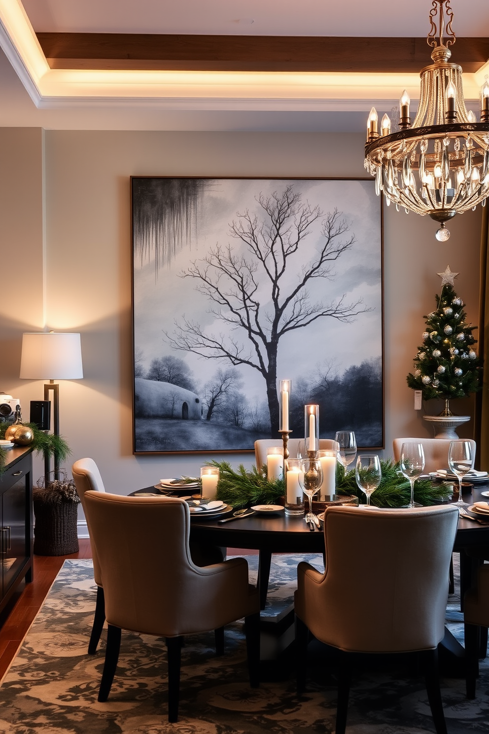 A winter dining room features a large oversized piece of art that serves as the focal point of the space. The artwork is surrounded by a cozy atmosphere created by soft lighting and seasonal decorations. The dining table is set with elegant dinnerware and a centerpiece of pine branches and candles. Plush chairs invite guests to sit and enjoy the warmth of the room during the chilly winter months.