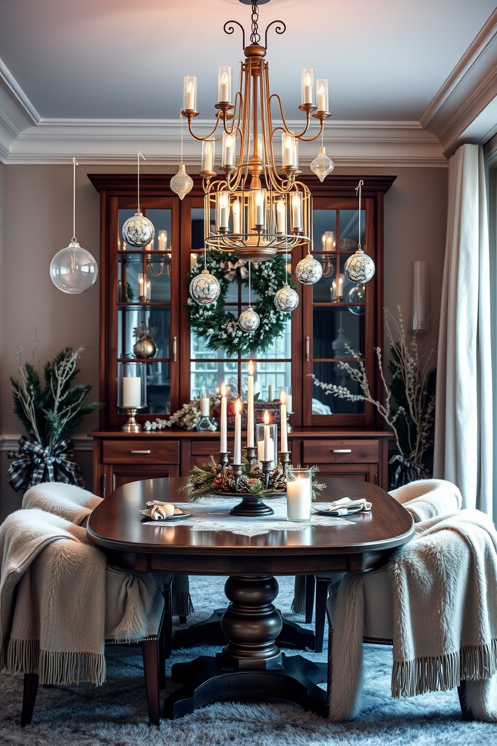 A cozy winter dining room adorned with hanging ornaments from elegant light fixtures. The table is set with a festive centerpiece featuring pinecones and candles, surrounded by plush chairs draped in soft throws.