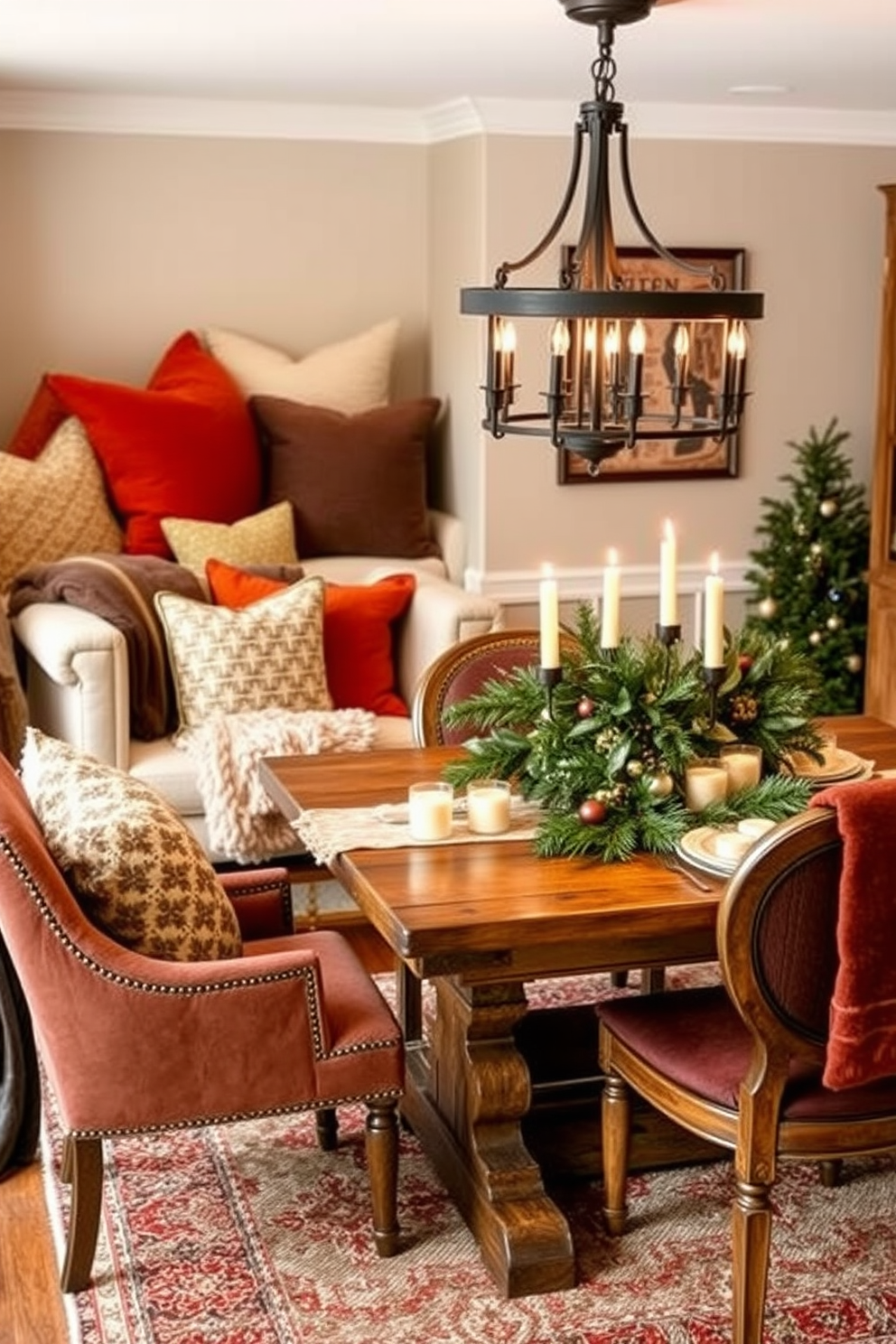 Create a cozy nook with plush cushions in warm, inviting colors. The nook features a comfortable armchair and a small side table, surrounded by soft lighting and decorative throws. Winter dining room decorating ideas include a rustic wooden table adorned with seasonal greenery and candles. The chairs are upholstered in rich fabrics, and a cozy rug lies beneath, adding warmth to the space.