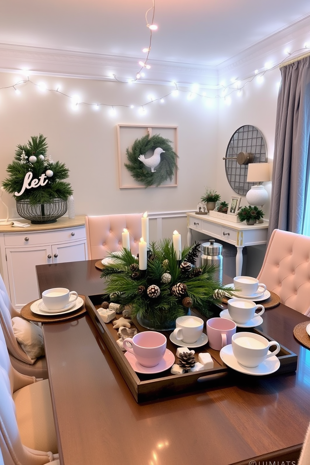 A cozy winter dining room featuring a hot cocoa station in the corner. The table is set with elegant dinnerware and surrounded by plush chairs, while a decorative tray holds mugs, marshmallows, and a steaming pot of cocoa. Soft white lights are strung across the ceiling, creating a warm ambiance. A beautiful centerpiece of seasonal greenery and pinecones adorns the table, enhancing the festive atmosphere.