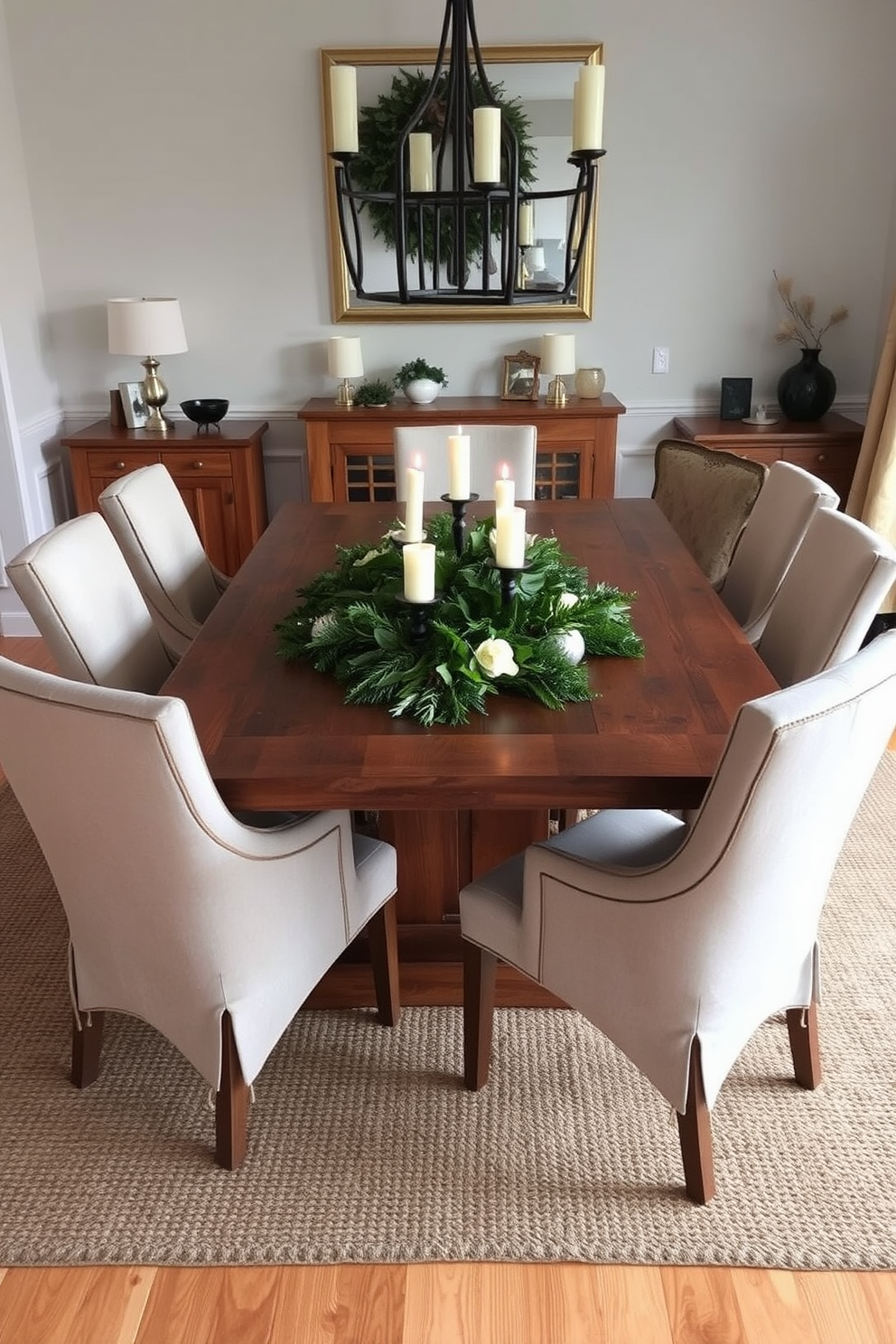 A cozy winter dining room features a large wooden table surrounded by upholstered chairs in soft, neutral tones. The floor is adorned with textured rugs that add warmth, while a centerpiece of seasonal greenery and candles creates an inviting atmosphere.