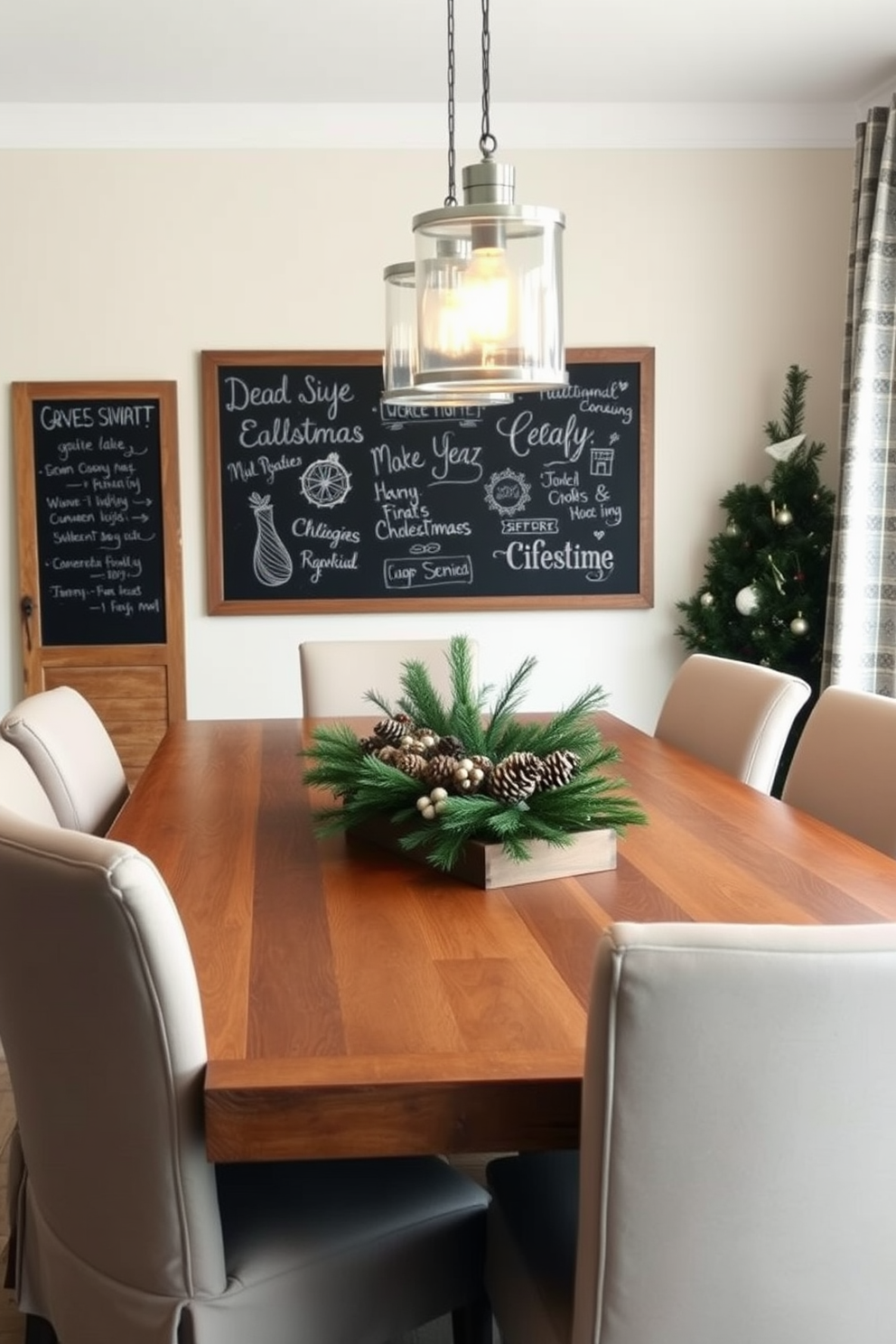 A cozy winter dining room featuring a large wooden table surrounded by upholstered chairs. On the table, a rustic centerpiece made of pinecones and evergreen branches adds a seasonal touch. A chalkboard is mounted on the wall, showcasing handwritten seasonal messages and festive designs. Soft, warm lighting from pendant fixtures creates an inviting atmosphere for winter gatherings.