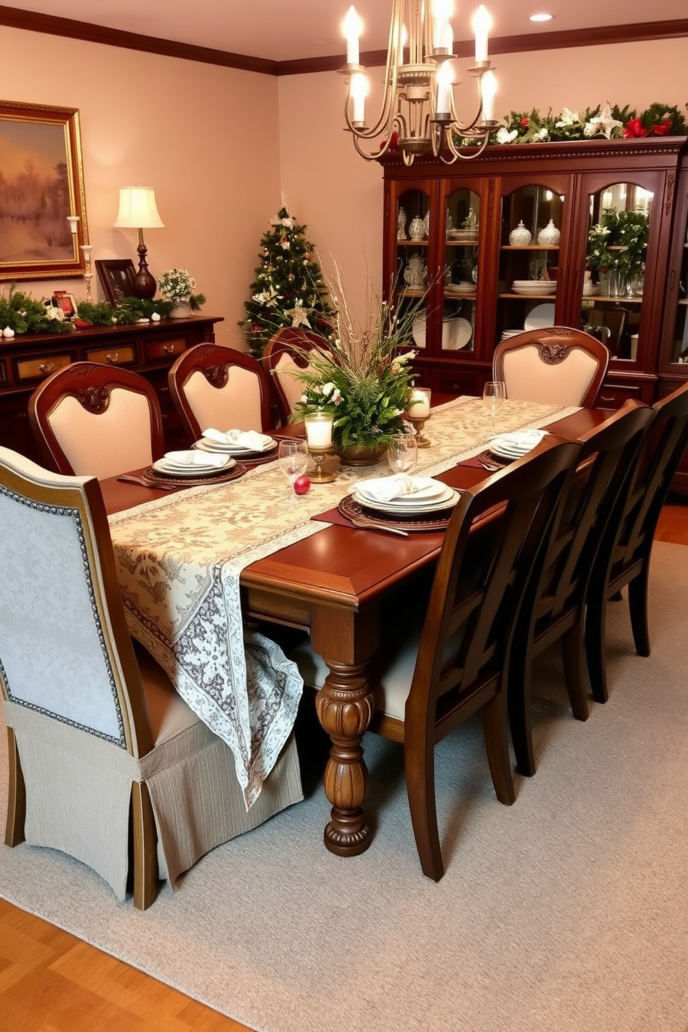 A cozy winter dining room featuring a large wooden table set with layered tablecloths adorned with intricate winter patterns. Surrounding the table are elegant upholstered chairs with plush cushions, creating a warm and inviting atmosphere for family gatherings.