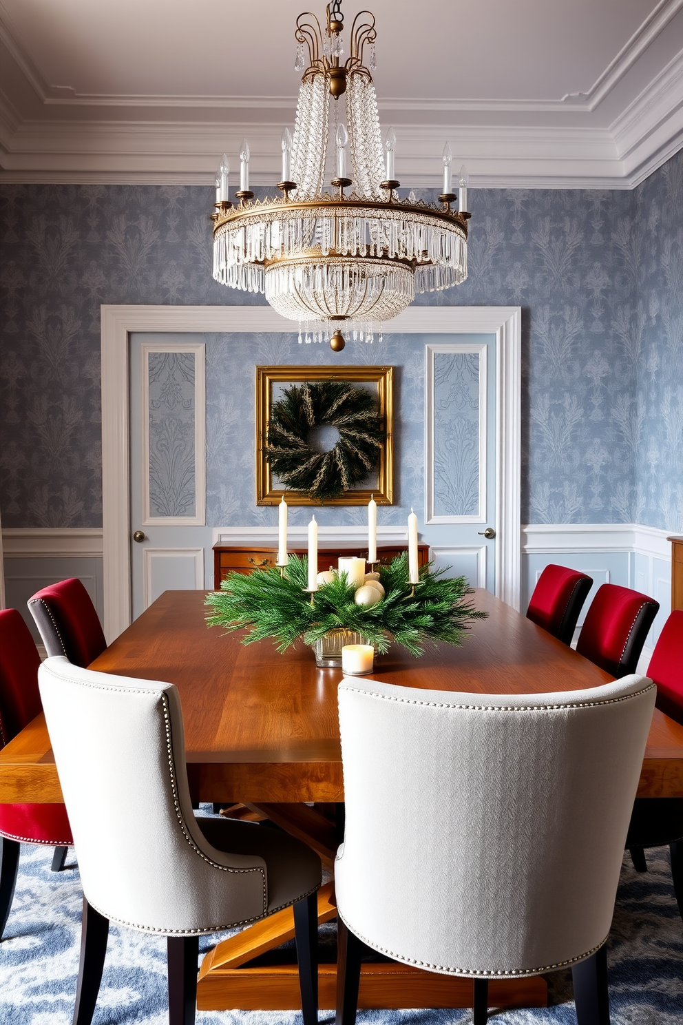 A winter dining room setting featuring a large wooden dining table surrounded by upholstered chairs in rich jewel tones. Above the table, a stunning statement chandelier with crystal accents hangs, casting a warm glow over the space. The walls are adorned with elegant wallpaper in a soft, frosty blue hue, creating a serene backdrop. On the table, a festive centerpiece of pine branches and candles adds a touch of seasonal charm.