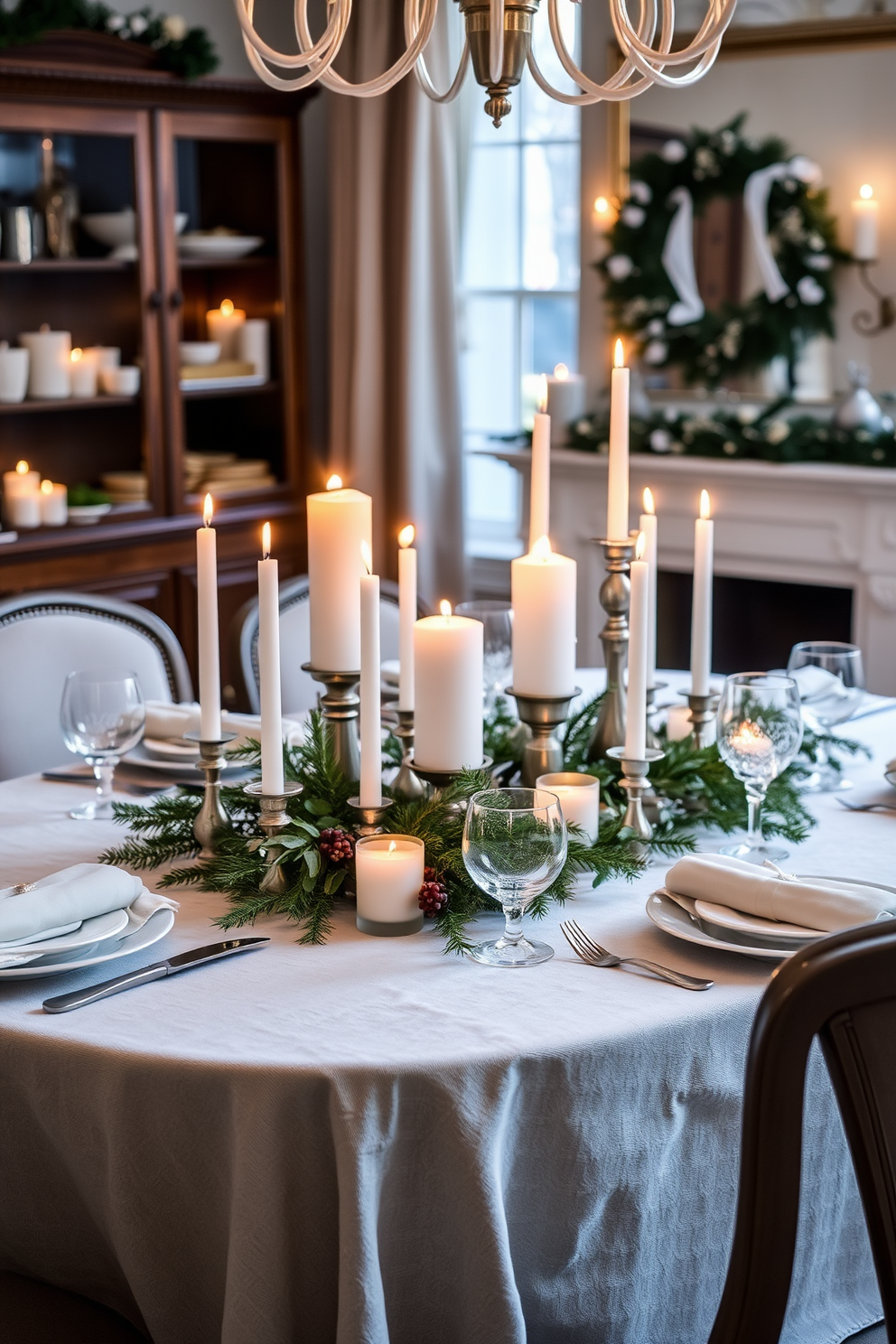 A winter dining room features a beautifully set table adorned with candles in varied heights creating a warm and inviting ambiance. The table is draped with a soft, textured tablecloth, complemented by elegant dishware and seasonal greenery.