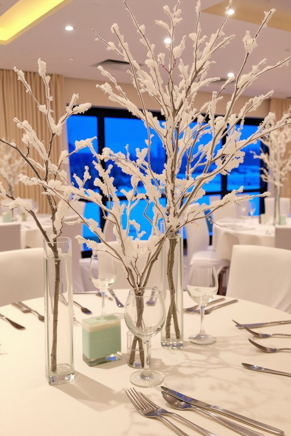 Frosted branches elegantly arranged in tall glass vases create a serene winter ambiance. The dining table is adorned with a crisp white tablecloth, complemented by silver cutlery and delicate crystal glassware.