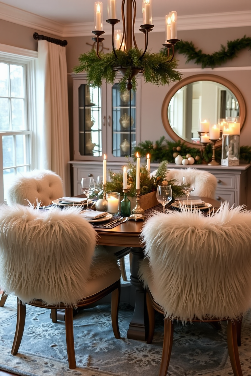 A cozy winter dining room adorned with plush faux fur pillows on each chair for added comfort. The dining table is set with elegant dinnerware, surrounded by warm candlelight and a festive centerpiece of evergreen branches and seasonal decor.