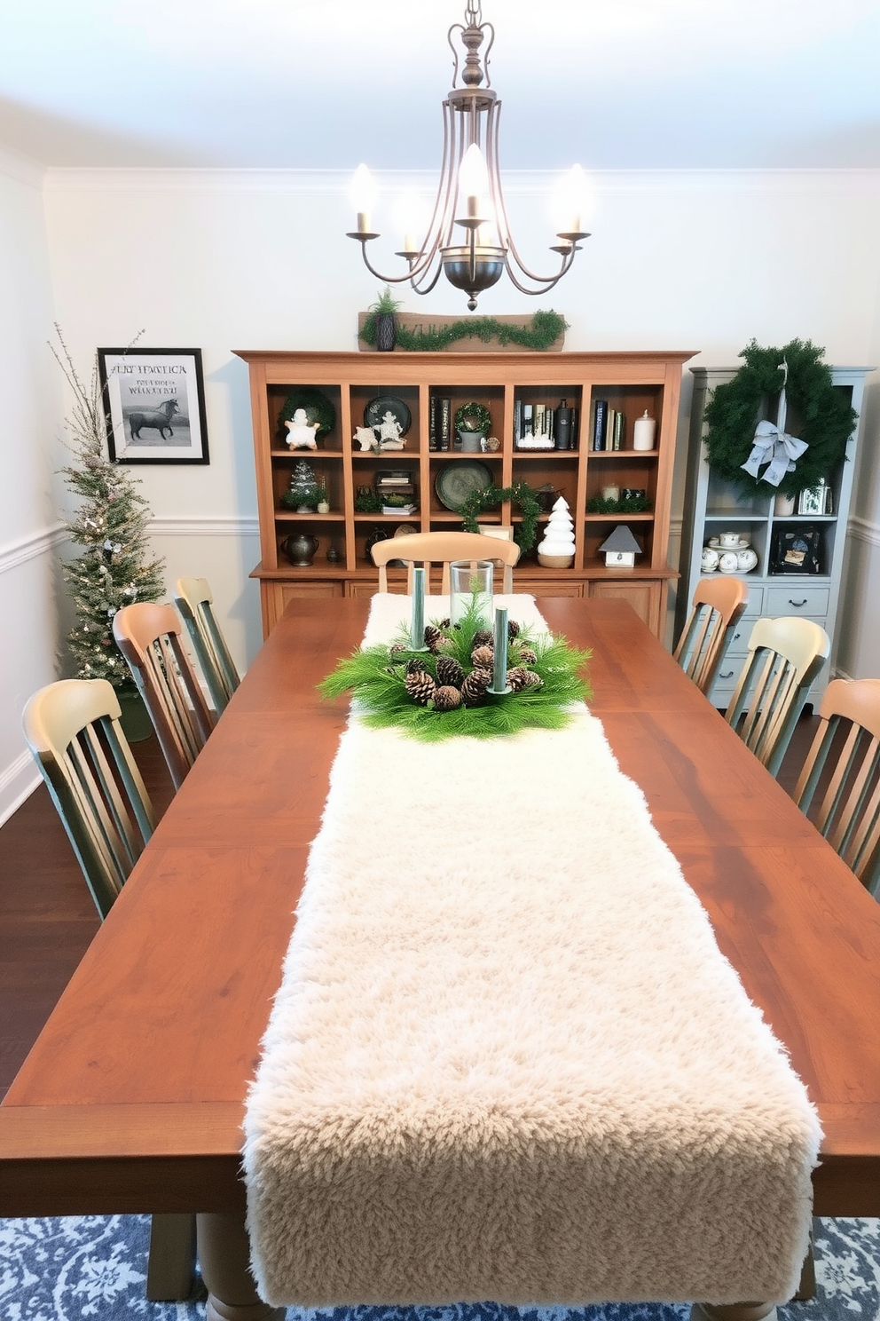 A cozy winter dining room featuring a large wooden table surrounded by mismatched chairs. The table is adorned with a centerpiece of pinecones and fresh greens, creating a warm and inviting atmosphere. Soft, ambient lighting from a chandelier hangs above, casting a gentle glow on the rustic decor. A plush runner in neutral tones drapes across the table, complementing the natural elements and enhancing the seasonal theme.