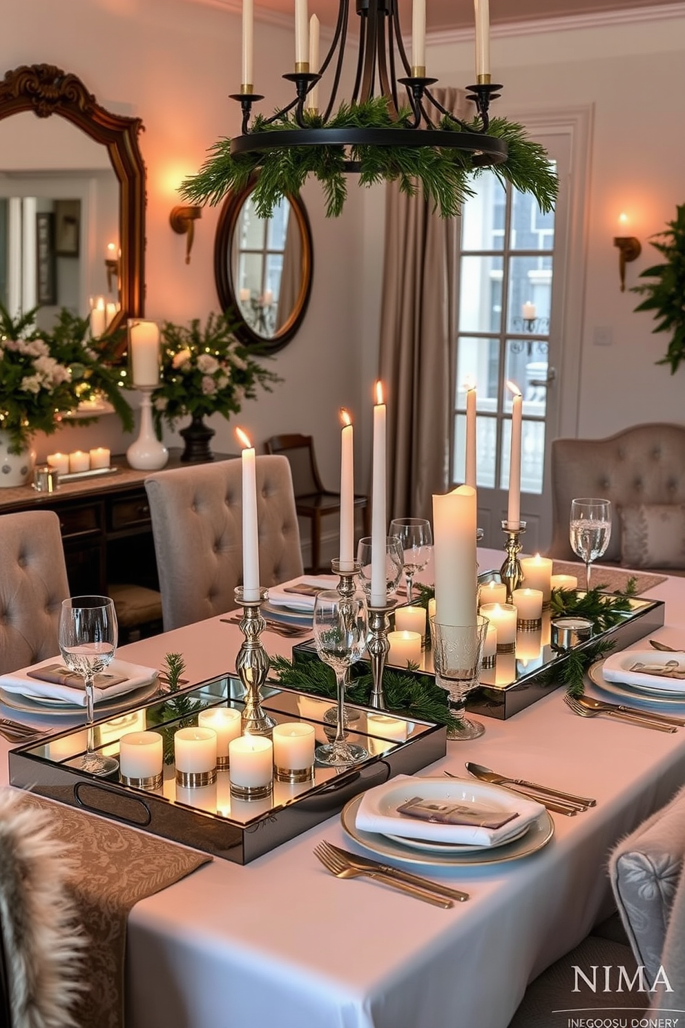 A winter dining room features a beautifully set table adorned with mirrored trays that reflect the soft glow of candlelight. The space is decorated with seasonal greenery, elegant tableware, and plush textiles that create a warm and inviting atmosphere.