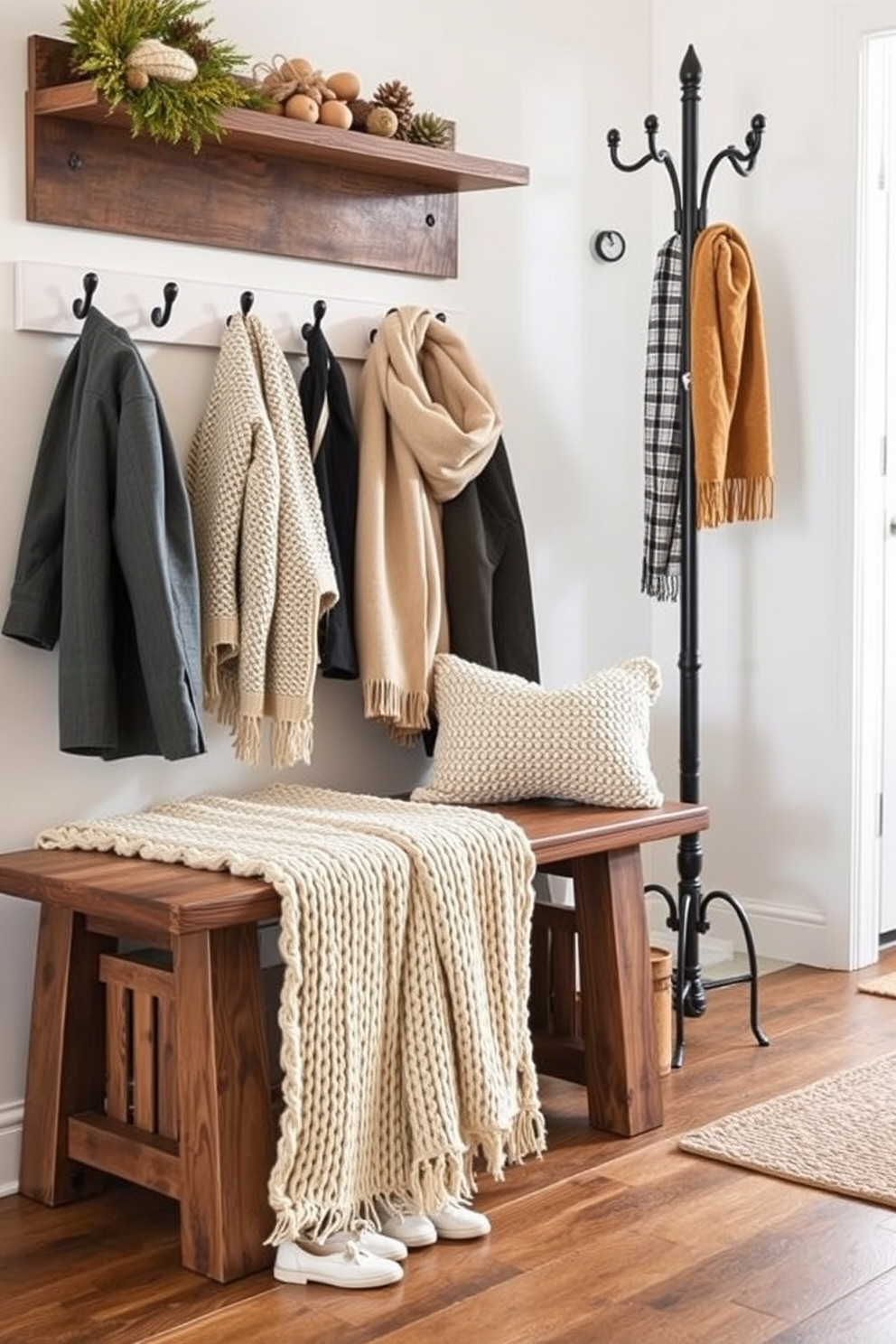 A cozy winter entryway features a rustic wooden bench adorned with a soft knitted throw in warm neutral tones. The walls are painted in a soft white, and a vintage-style coat rack stands nearby, holding winter jackets and scarves.