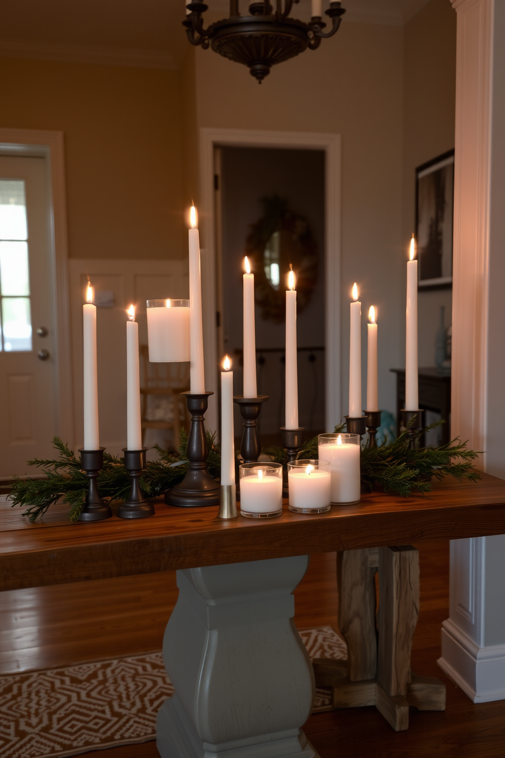 A winter entryway decorated with candles of varied heights arranged elegantly on a rustic wooden table. The soft glow of the candles illuminates the space, creating a warm and inviting atmosphere.