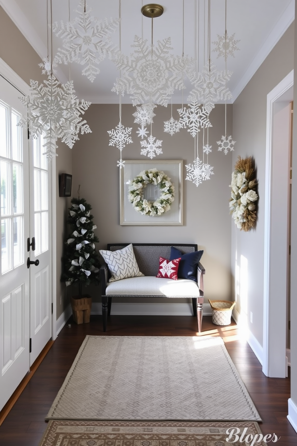 A cozy winter entryway adorned with faux snowflakes gracefully hanging from the ceiling. The floor is covered with a soft, textured rug, and a decorative bench sits against the wall, inviting guests to sit and remove their boots.