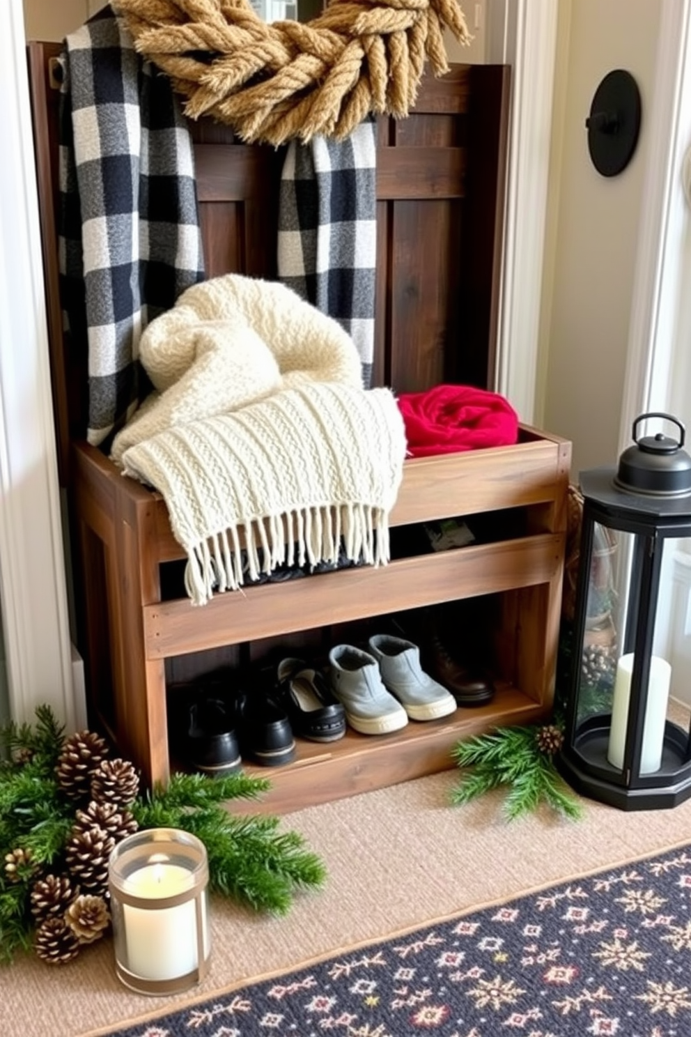 A rustic wooden crate serves as a stylish shoe storage solution in a winter entryway. The crate is filled with cozy blankets and seasonal decor, creating a warm and inviting atmosphere. Surrounding the crate, a mix of pinecones and evergreen branches adds a festive touch. Soft lighting from a nearby lantern enhances the inviting feel of the space.