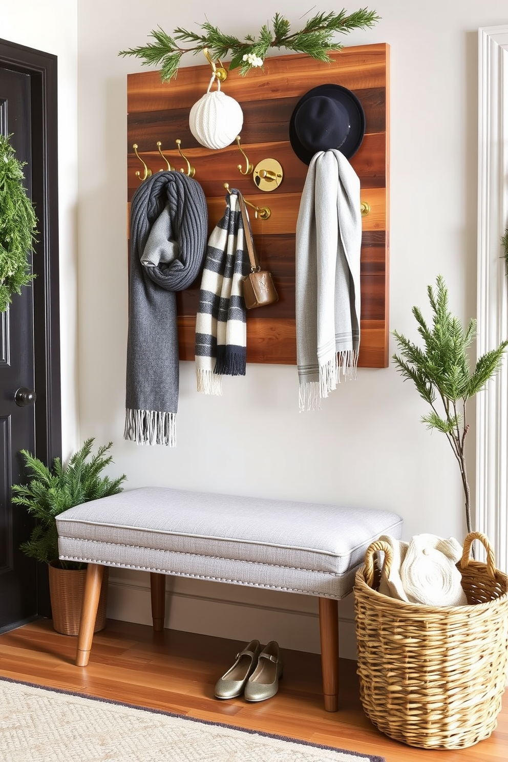 A cozy winter entryway featuring decorative hooks for scarves and hats. The hooks are made of brushed brass and are mounted on a reclaimed wood panel, adding warmth to the space. A plush bench upholstered in a soft gray fabric sits beneath the hooks, providing a comfortable spot to sit. The entryway is adorned with seasonal greenery and a woven basket for storing shoes, creating an inviting atmosphere.