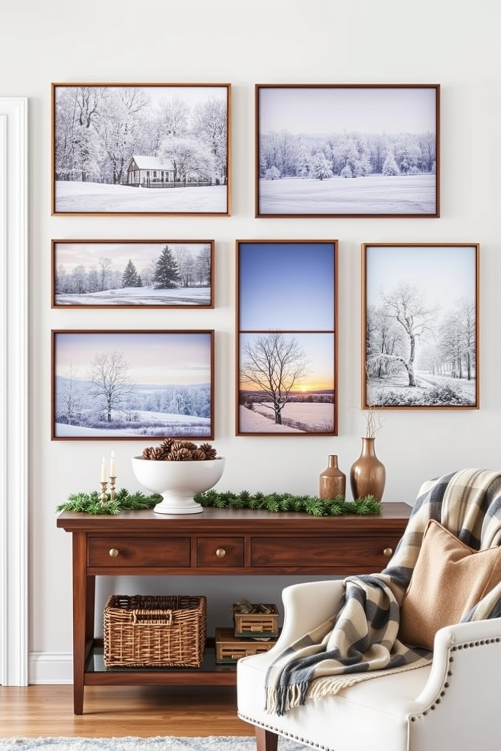 A stunning collection of wall art showcasing serene winter landscapes. Each piece captures the beauty of snow-covered trees and tranquil scenes, creating a calming atmosphere. An inviting winter entryway adorned with seasonal decorations. A wooden console table holds a decorative bowl filled with pinecones, while a cozy throw blanket drapes over a nearby chair.