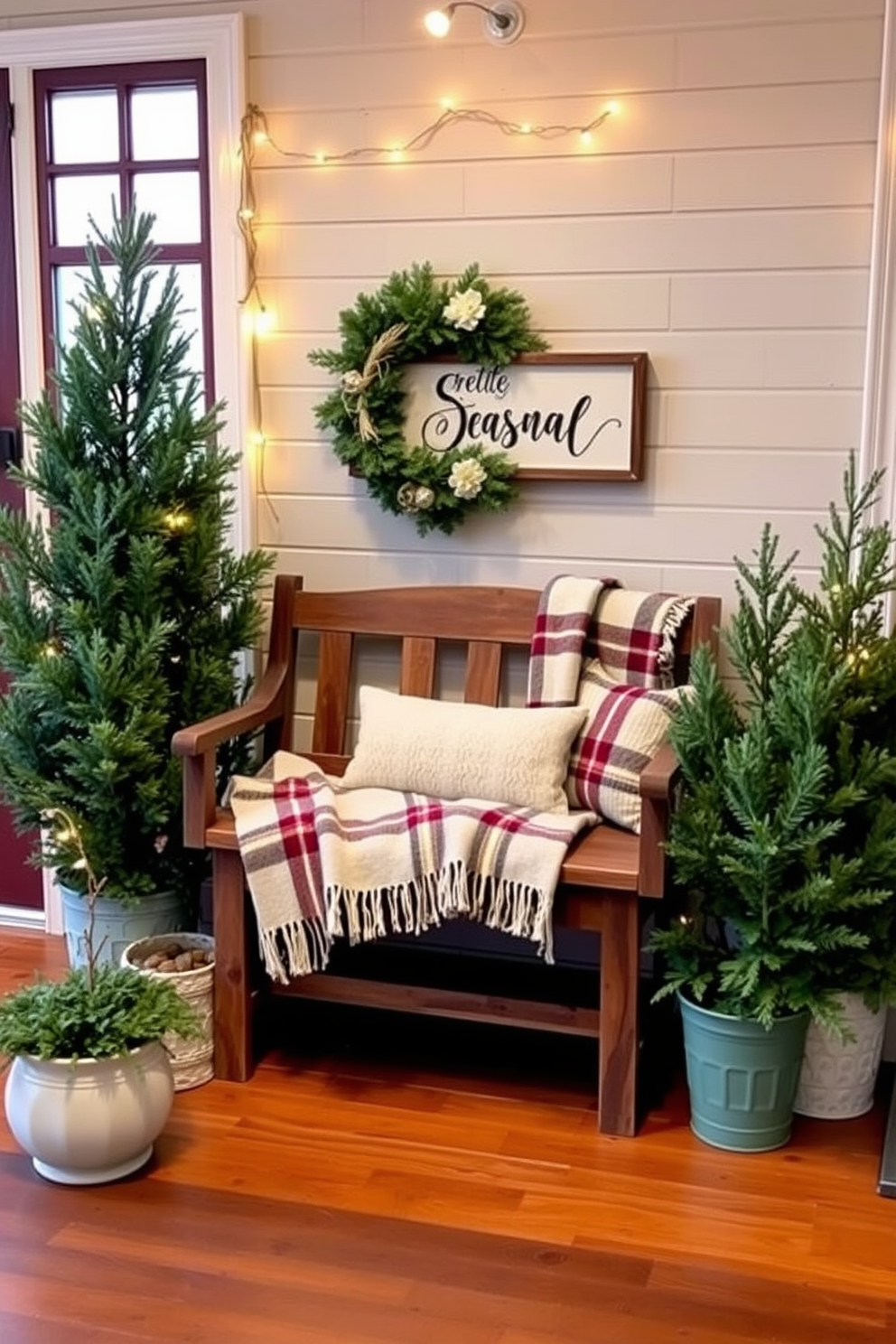 A cozy winter entryway adorned with a seasonal greeting sign by the door. The space features a rustic wooden bench with a soft plaid throw draped over it, surrounded by potted evergreen plants and twinkling fairy lights.