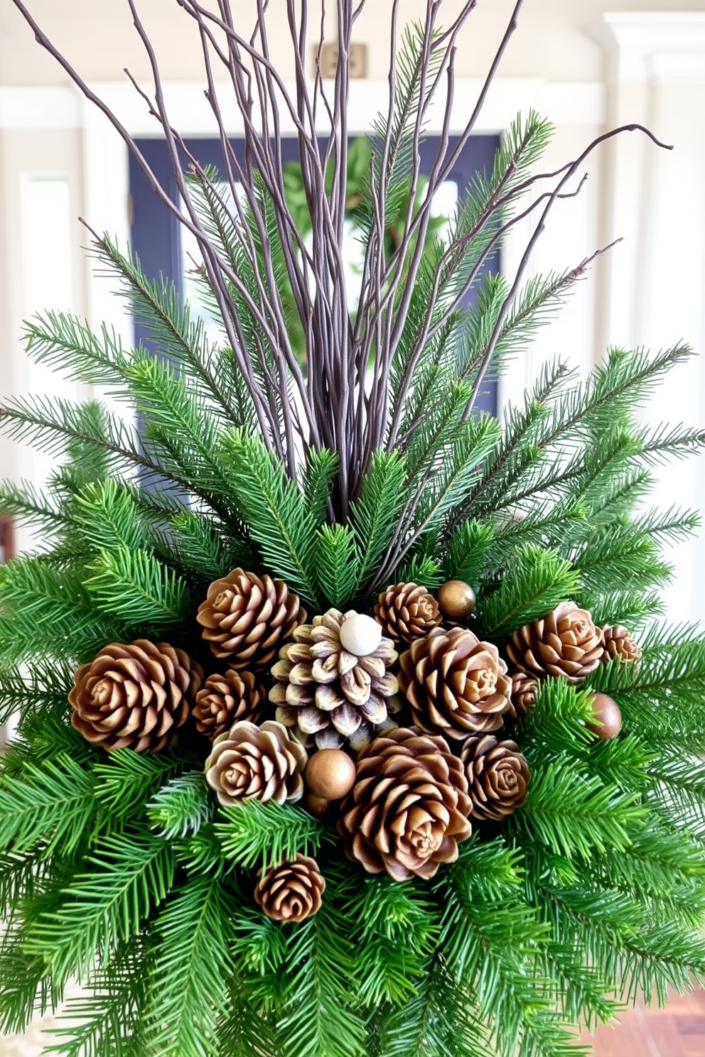 A stunning winter entryway featuring a pinecone and evergreen centerpiece display. The arrangement includes various sizes of pinecones nestled among lush green branches, creating a cozy and inviting atmosphere.